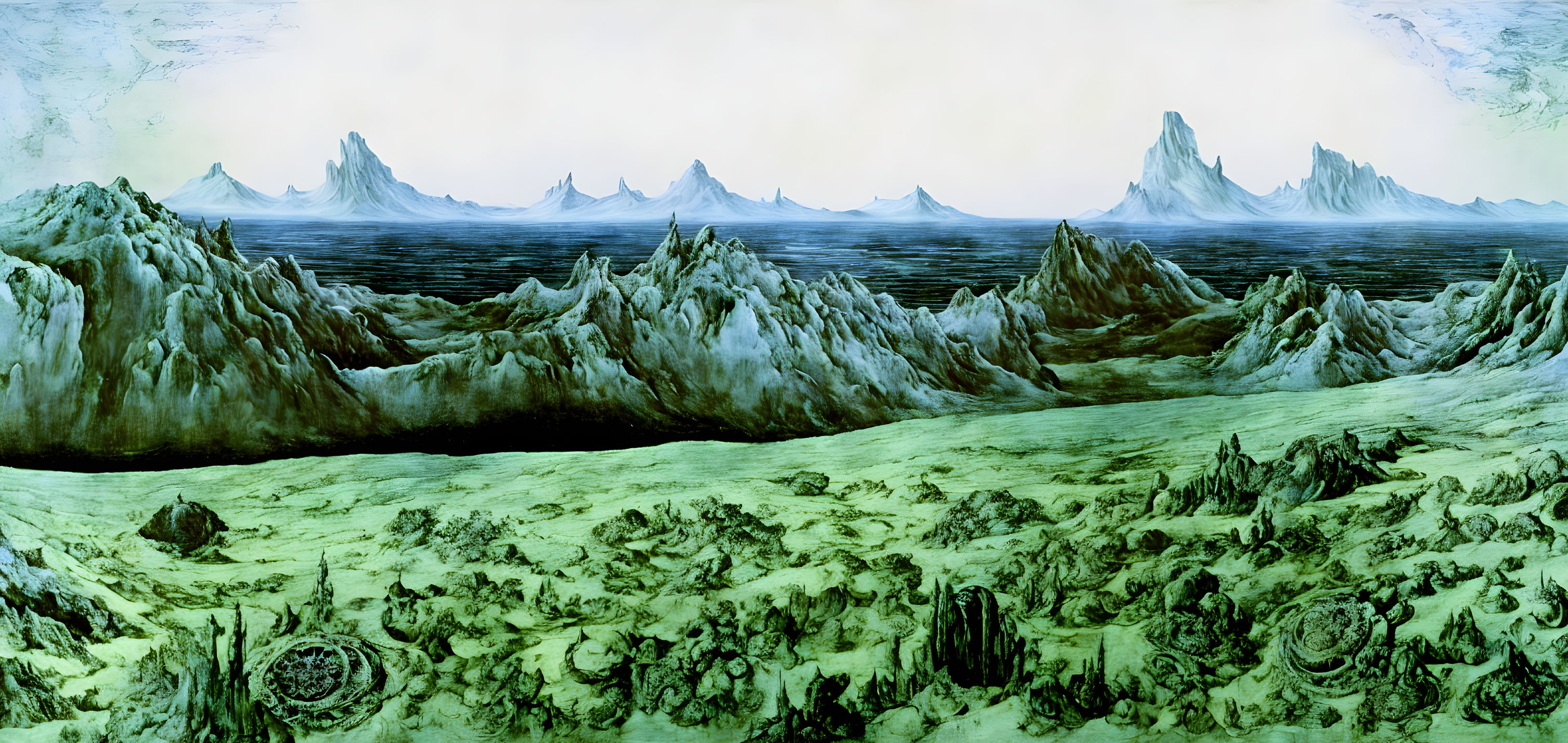 Alien landscape with jagged mountains, ice field, and green vegetation