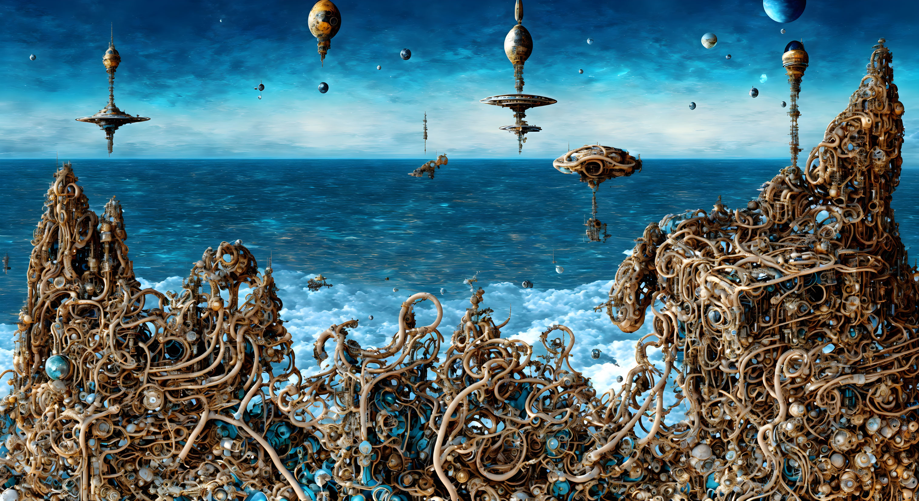 Surreal seascape with steampunk structures and airship-like vessels