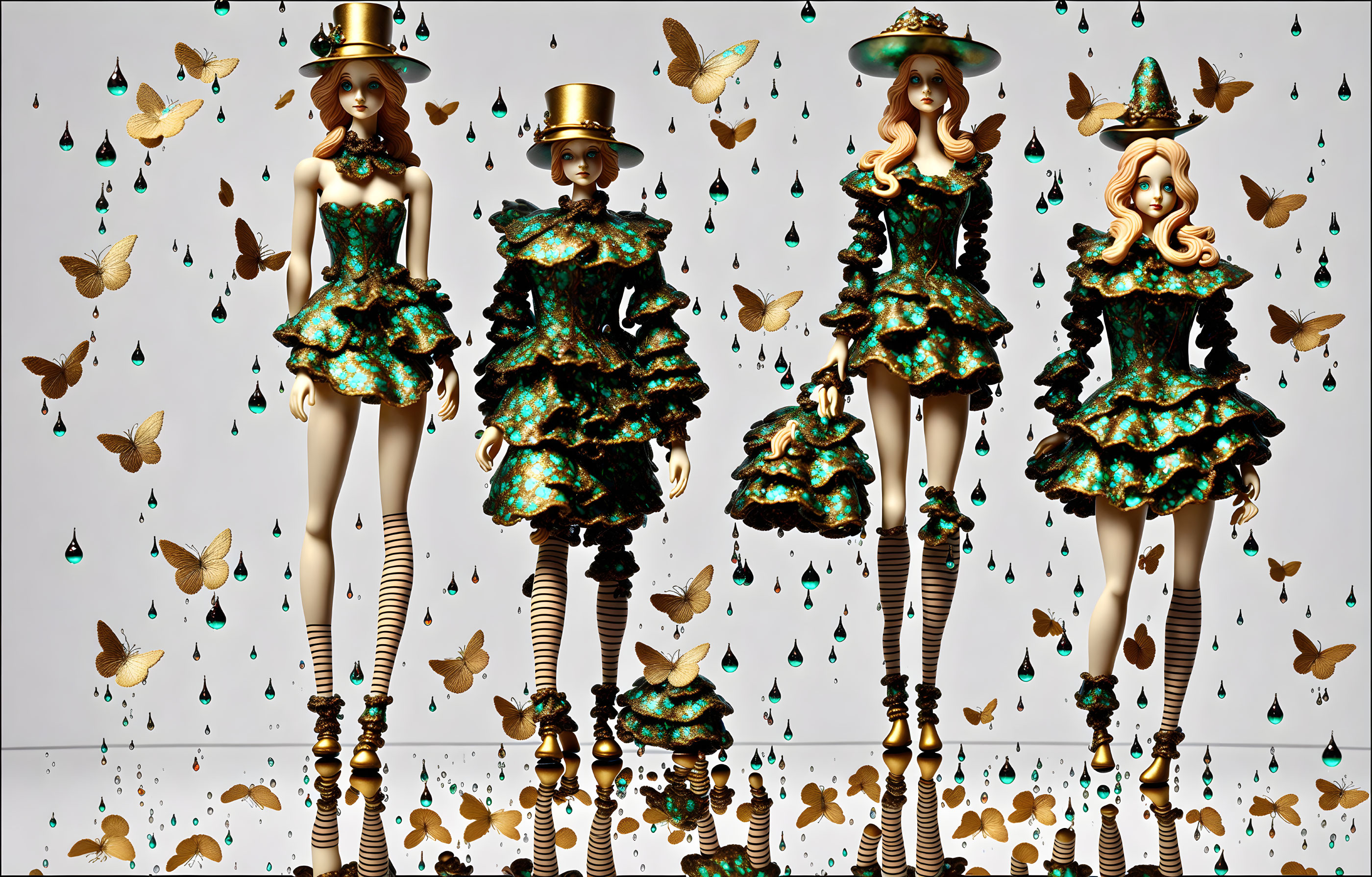 Stylized mannequins in green and gold attire with butterflies