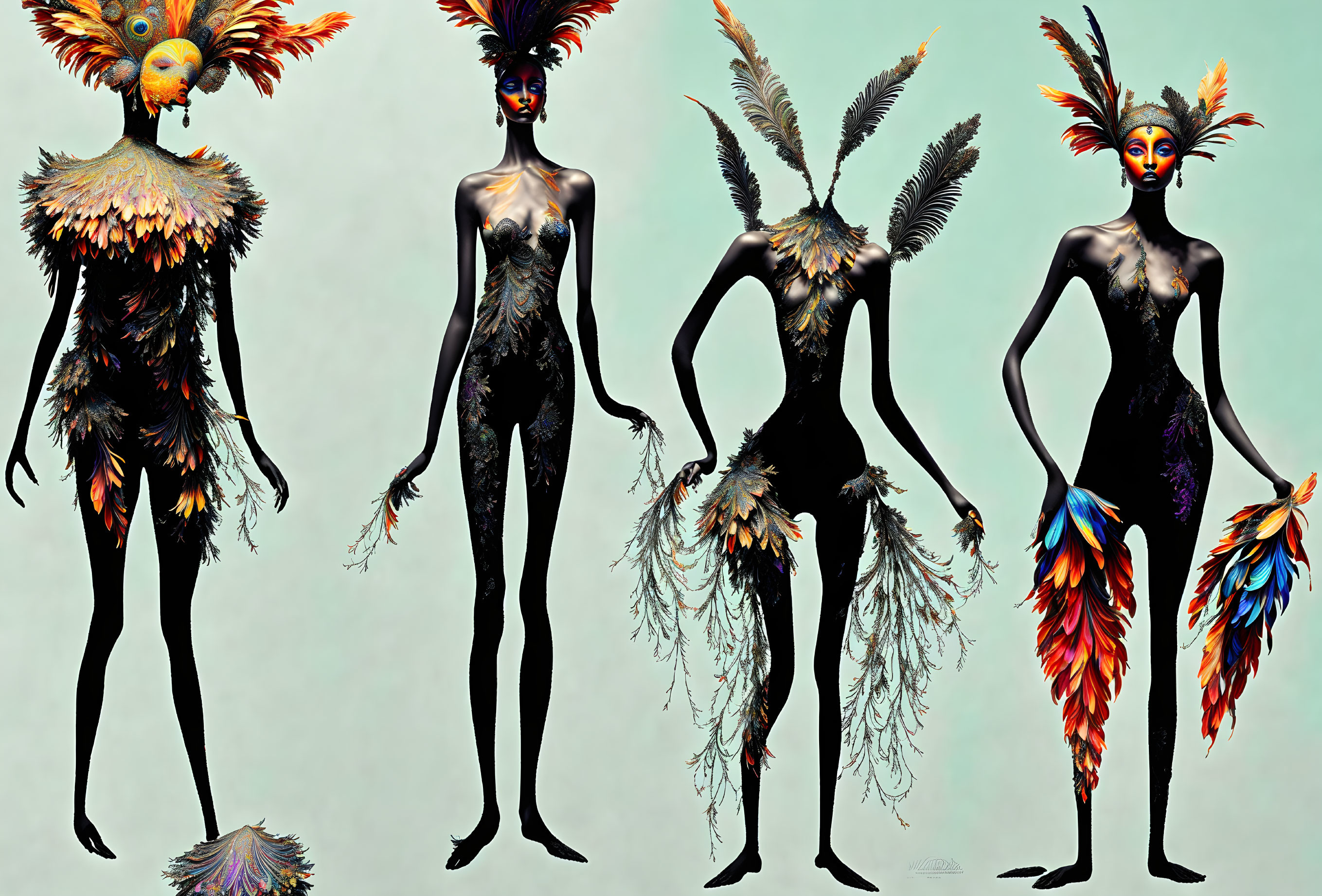 Colorful feathered human-like figures with bird-like features in surreal designs