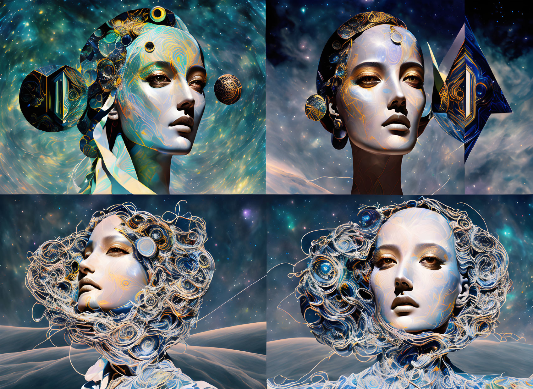 Stylized female figure digital portraits with cosmic elements