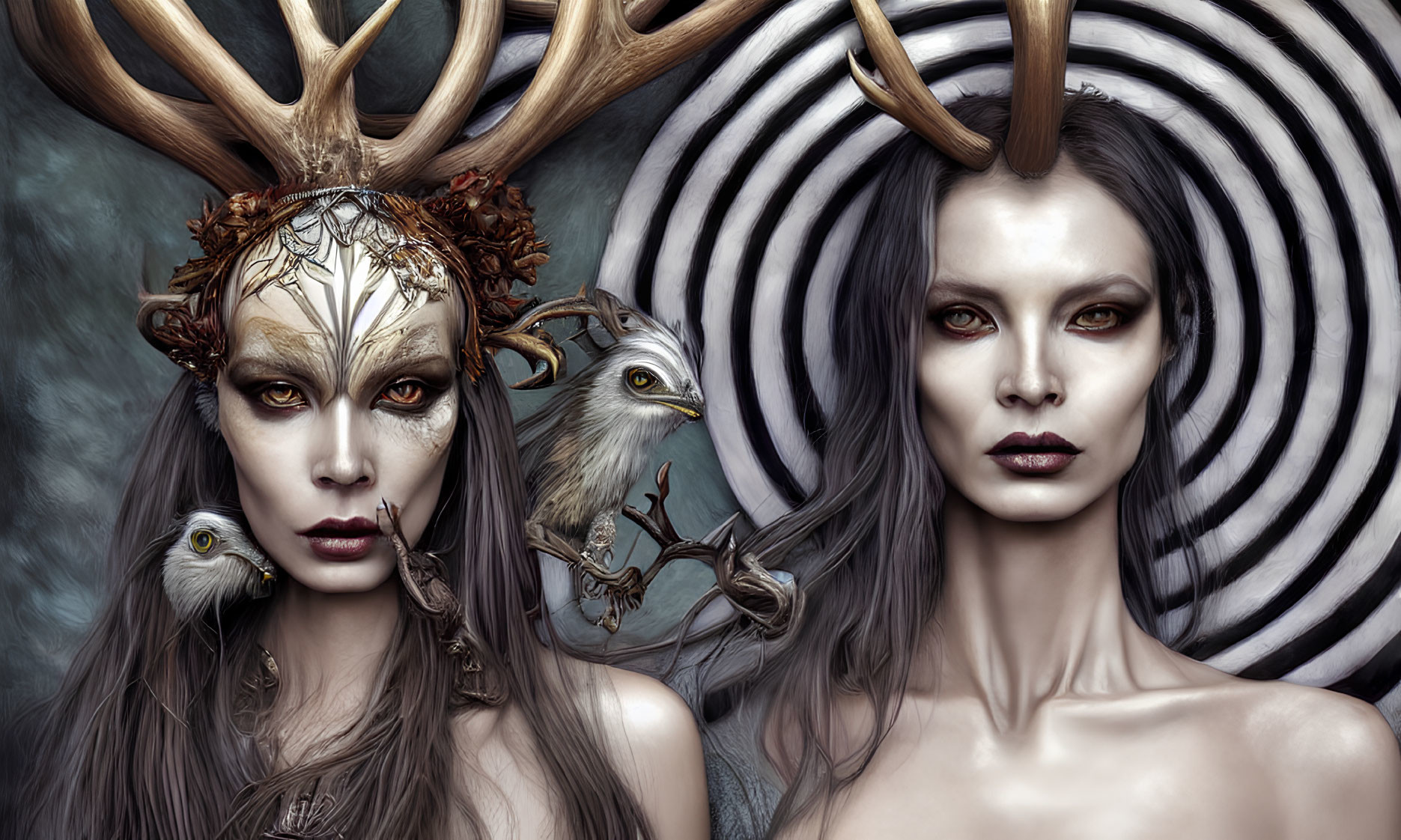 Mystical women with antlers and bird creature in hypnotic setting