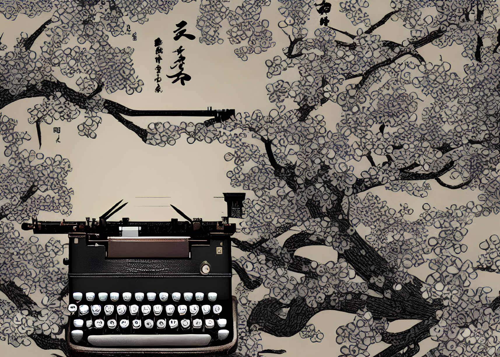 Vintage Typewriter with Floral Asian Calligraphy Background