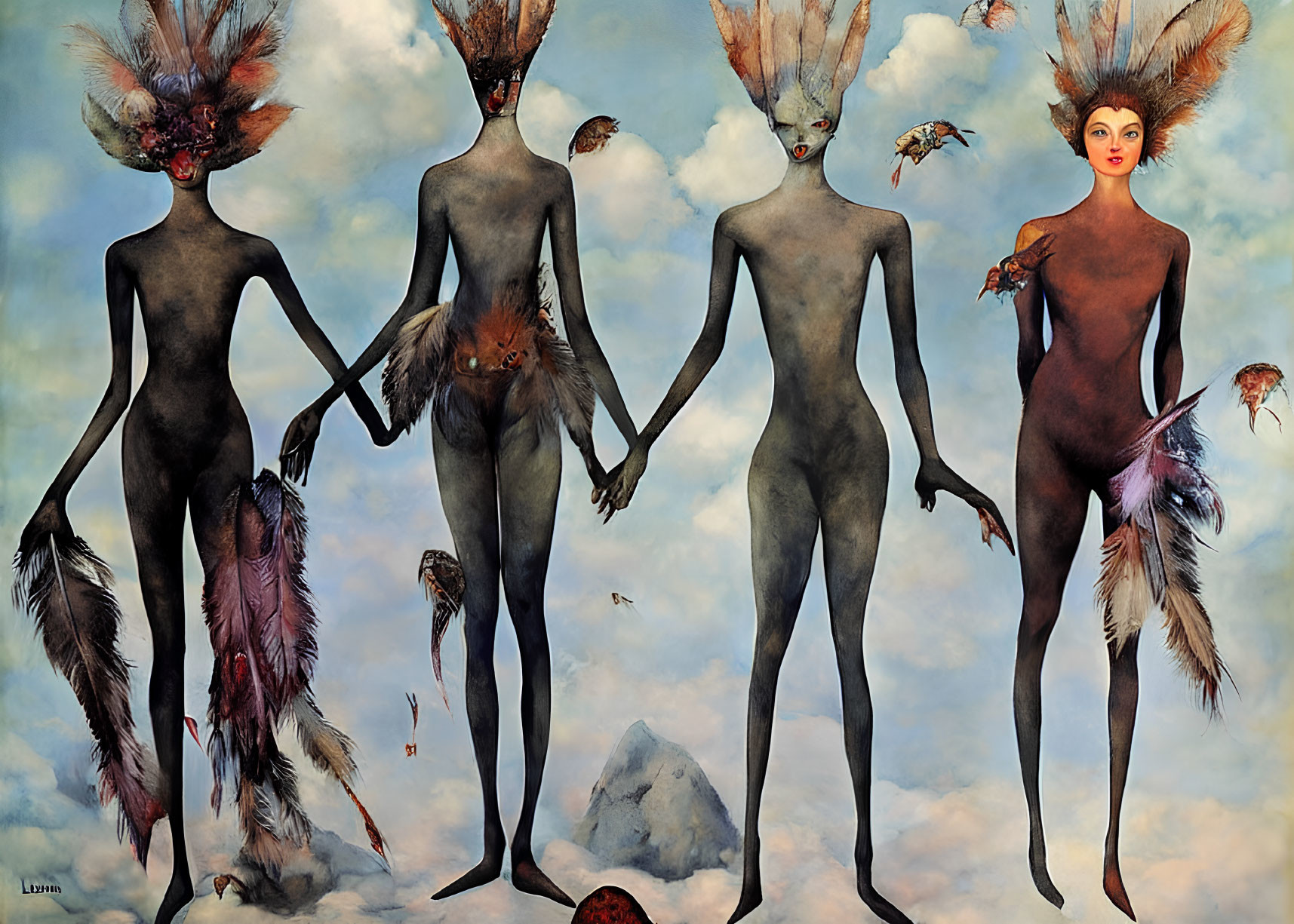 Four surreal, elongated figures with feathered adornments under a cloudy sky