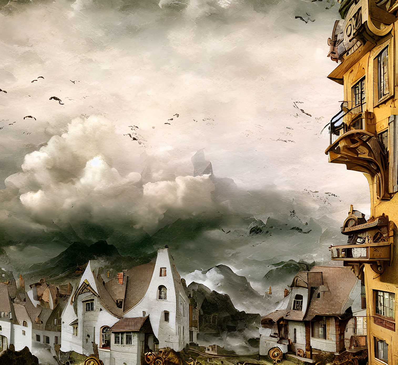 European-style Buildings in Surreal Landscape with Chaotic Clouds and Waves