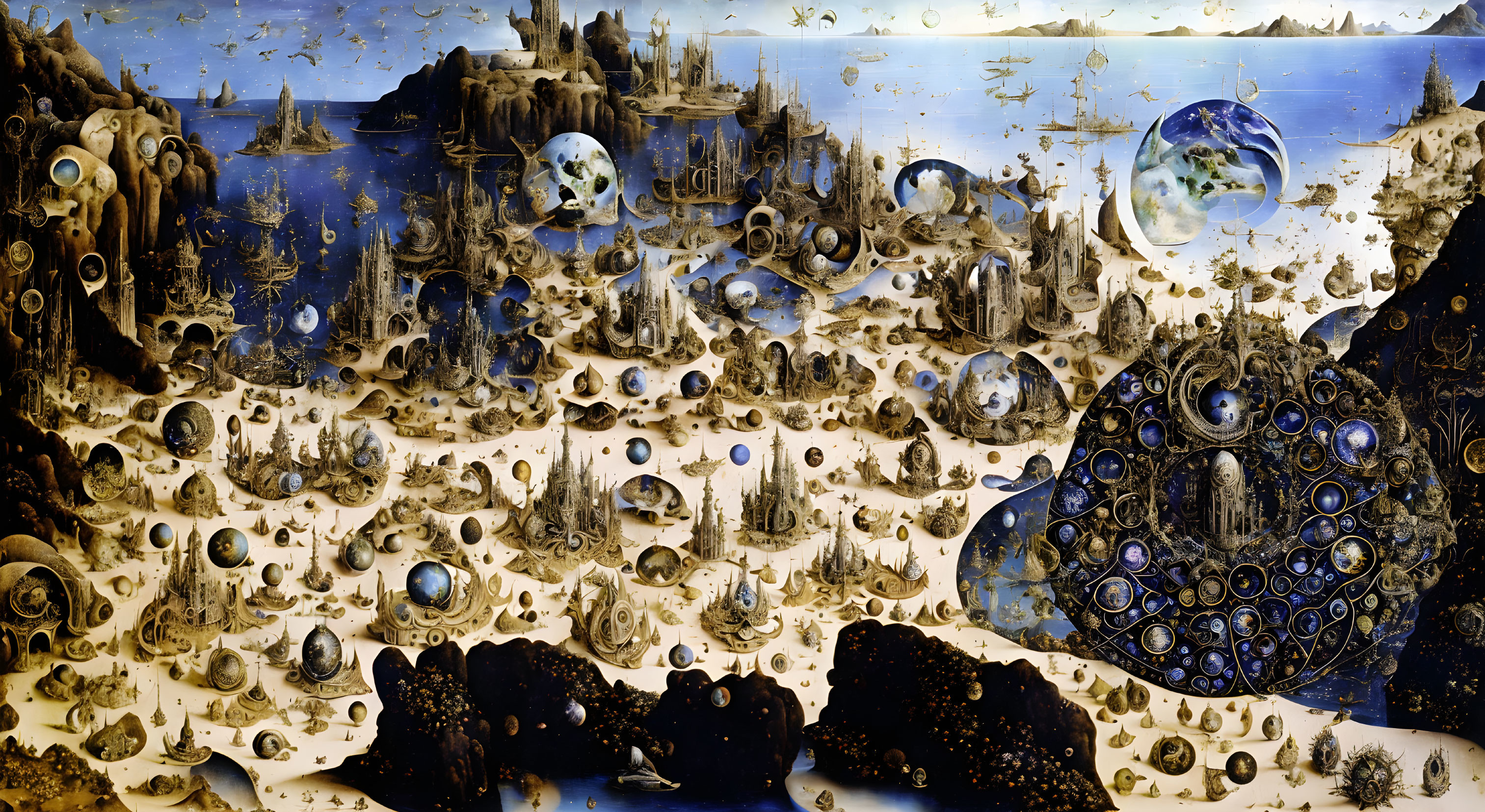 Surreal landscape with floating orbs and marine life elements in star-speckled sky