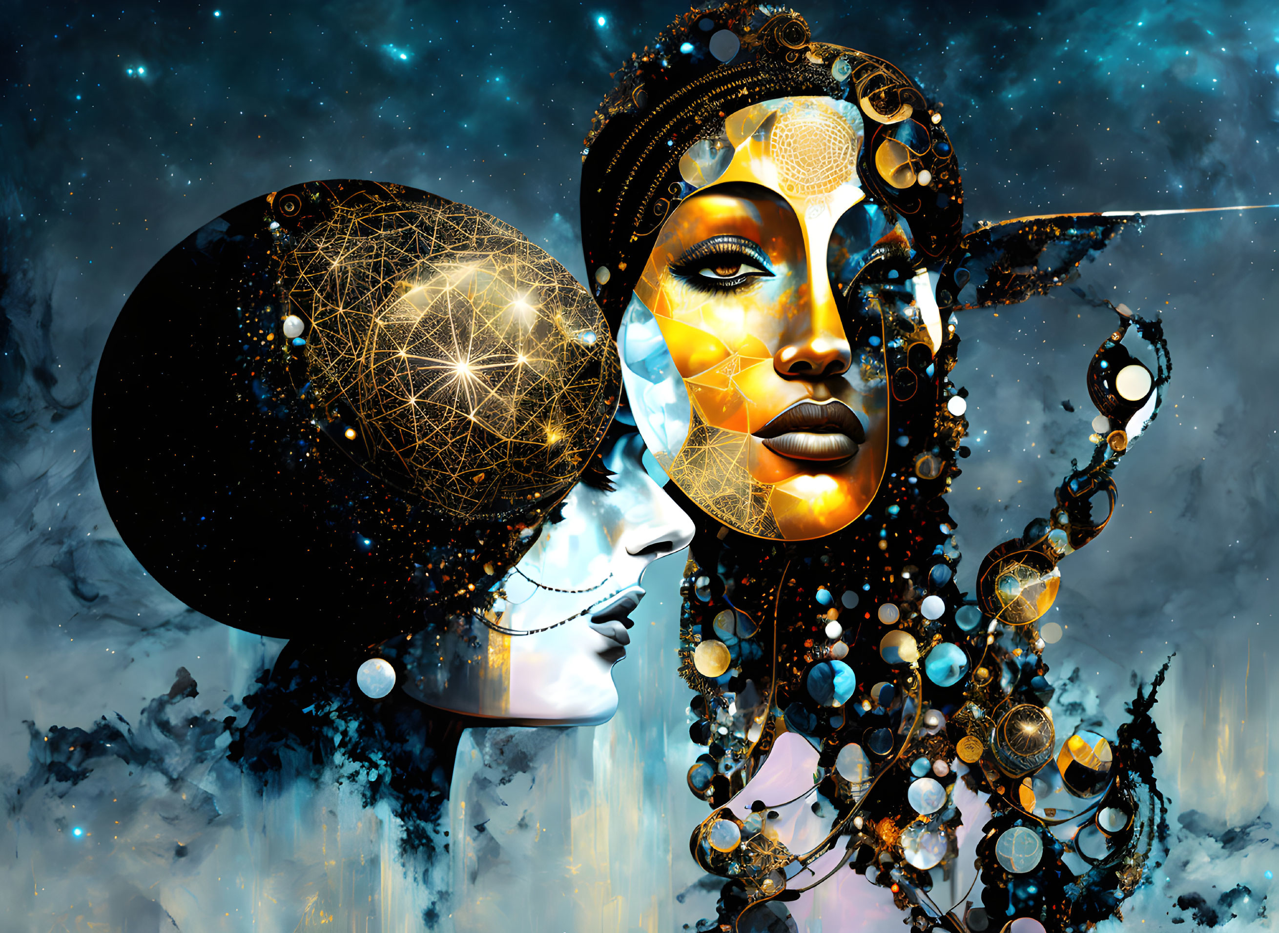 Woman's face digital artwork with cosmic and mechanical elements