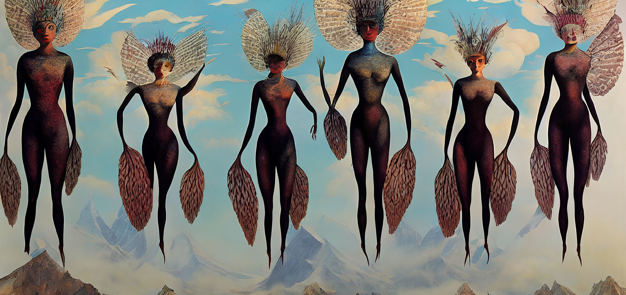 Six winged humanoid figures with fish-like lower bodies above a mountainous landscape