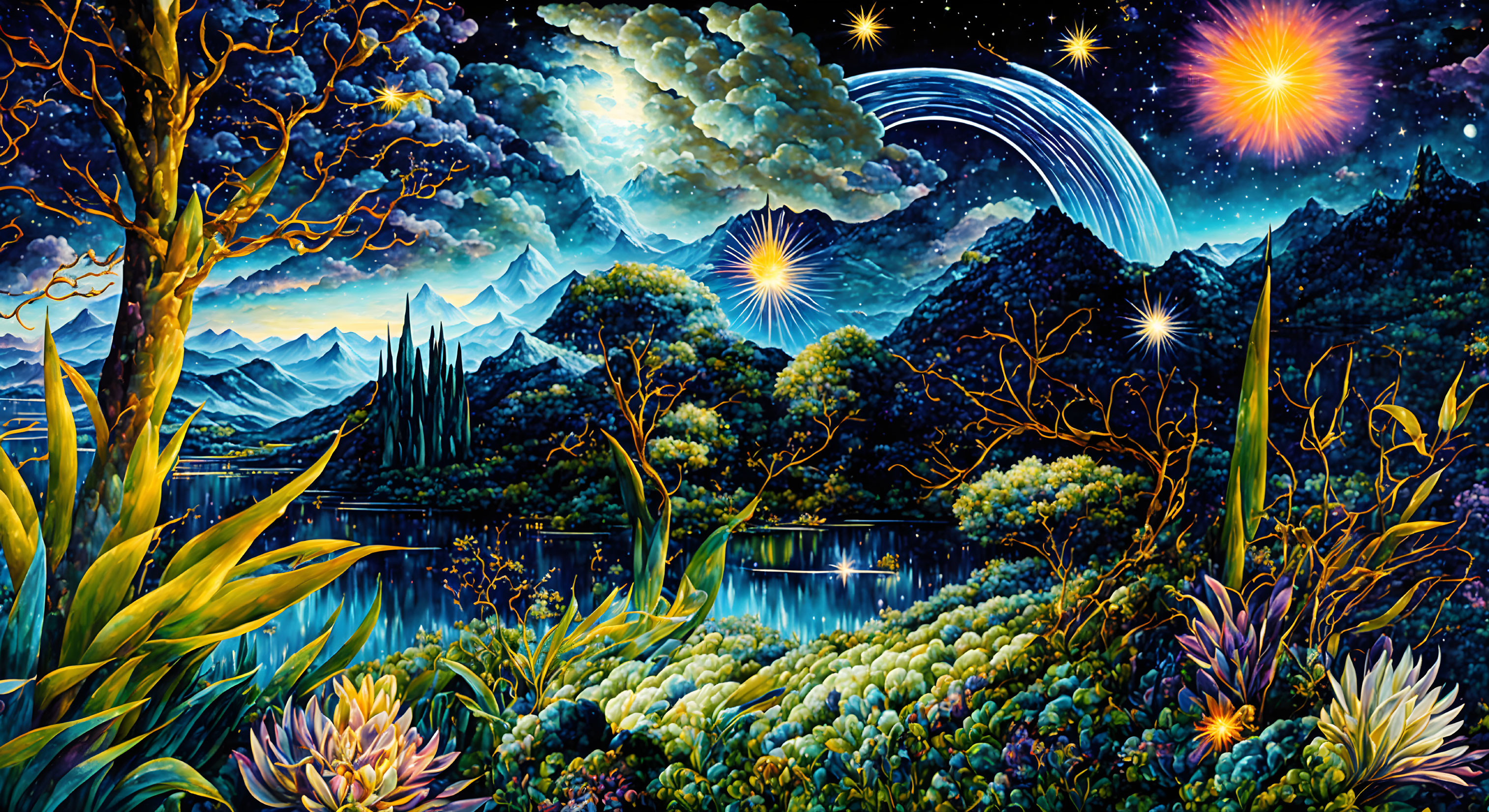 Fantasy landscape with luminous plants, starlit lake, mountains, night sky.