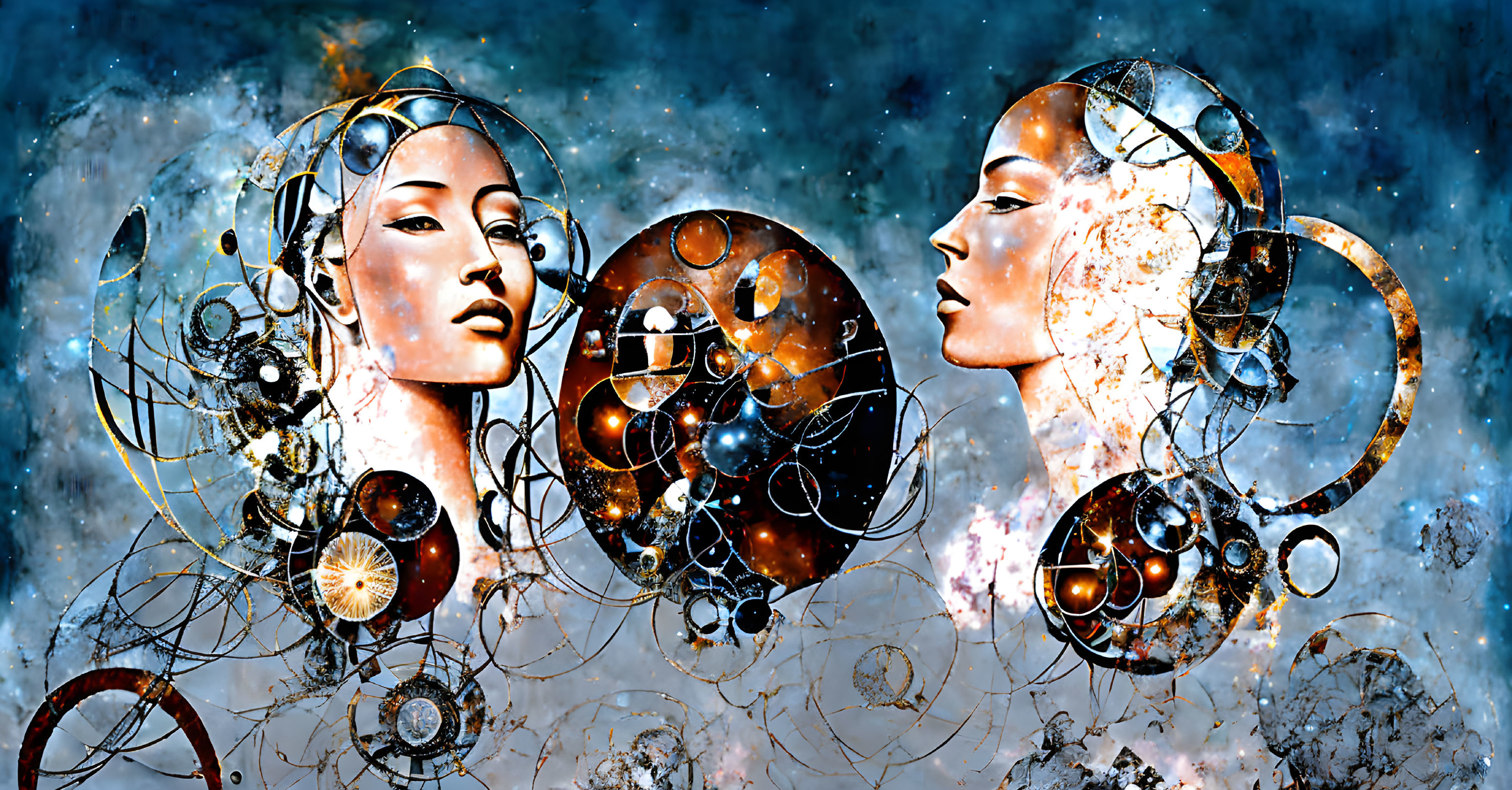 Stylized female faces with metallic adornments on cosmic background