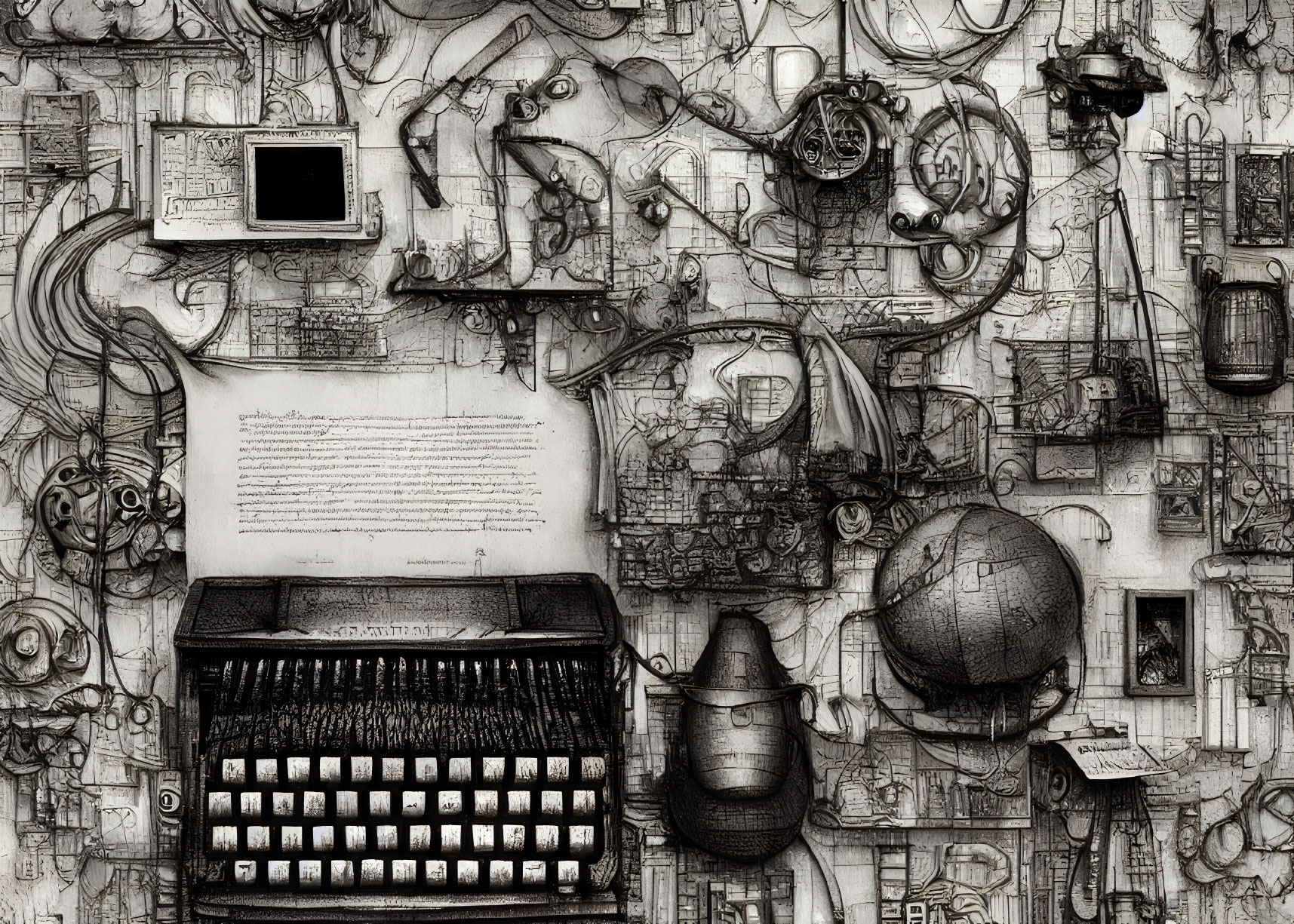 Detailed Black and White Vintage Typewriter Illustration with Intricate Surrounding Sketches