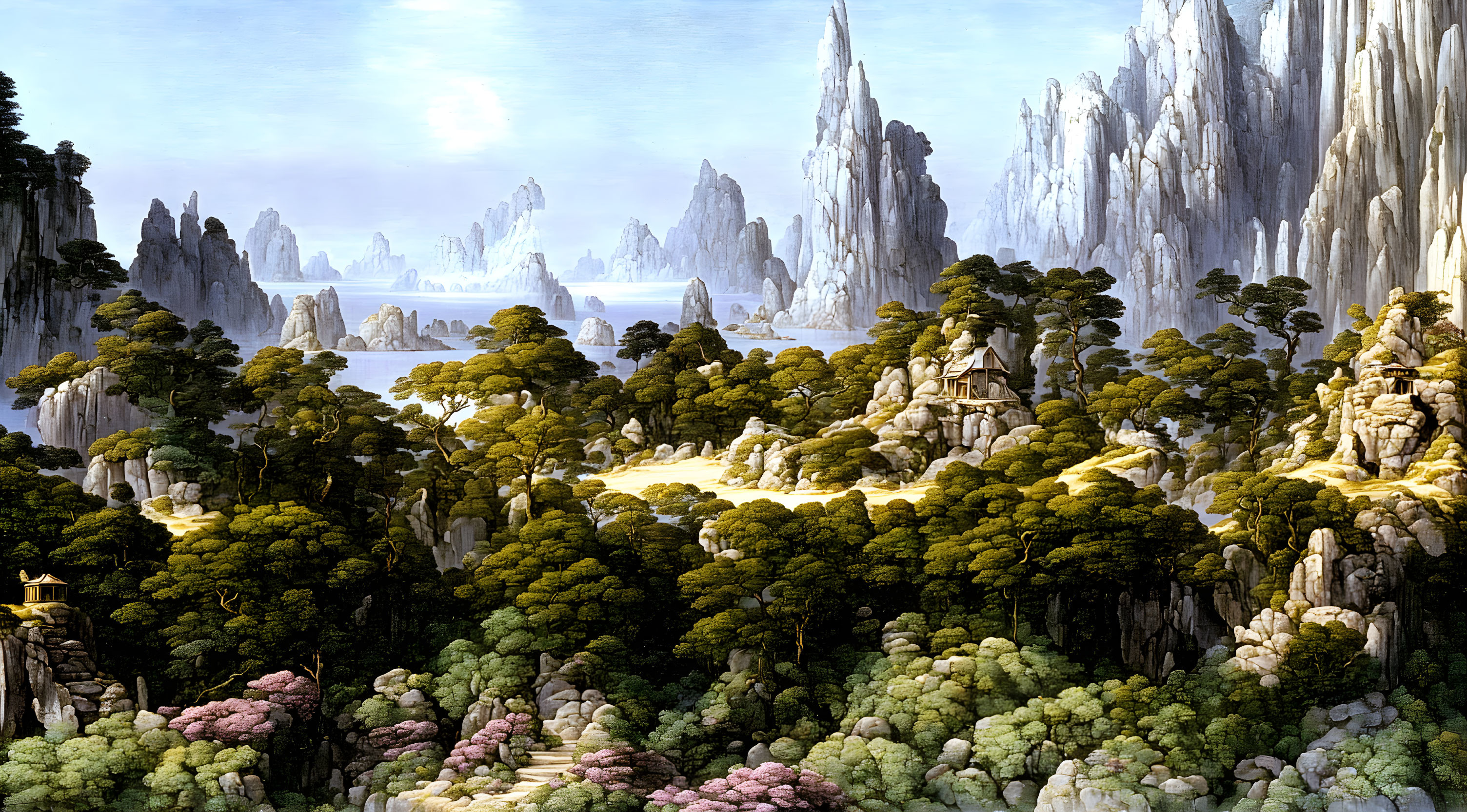 Majestic cliffs, lush forests, and exotic structures in rocky landscape