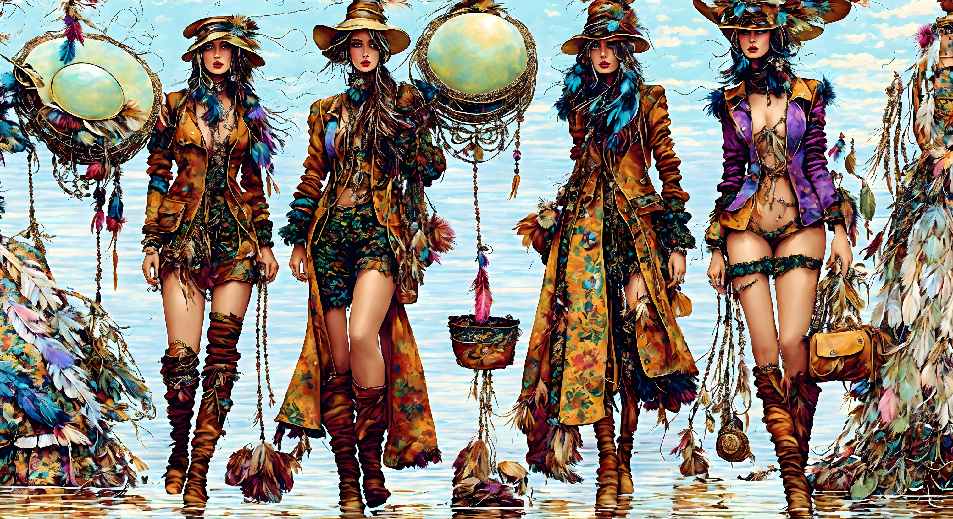 Stylized illustrated women in bohemian fashion standing in water