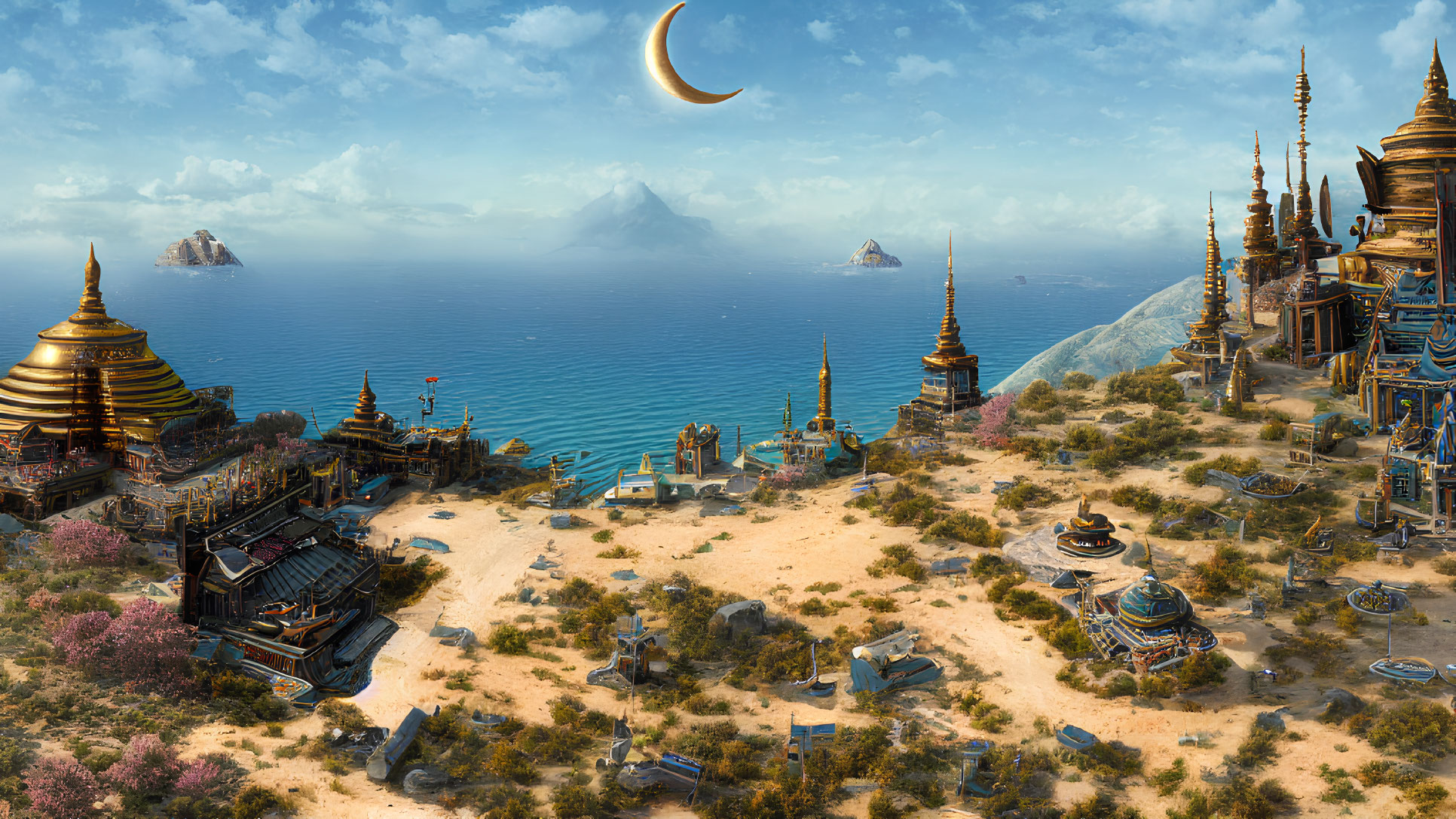 Fantasy coastal landscape with golden temples, cherry blossoms, and crescent moon