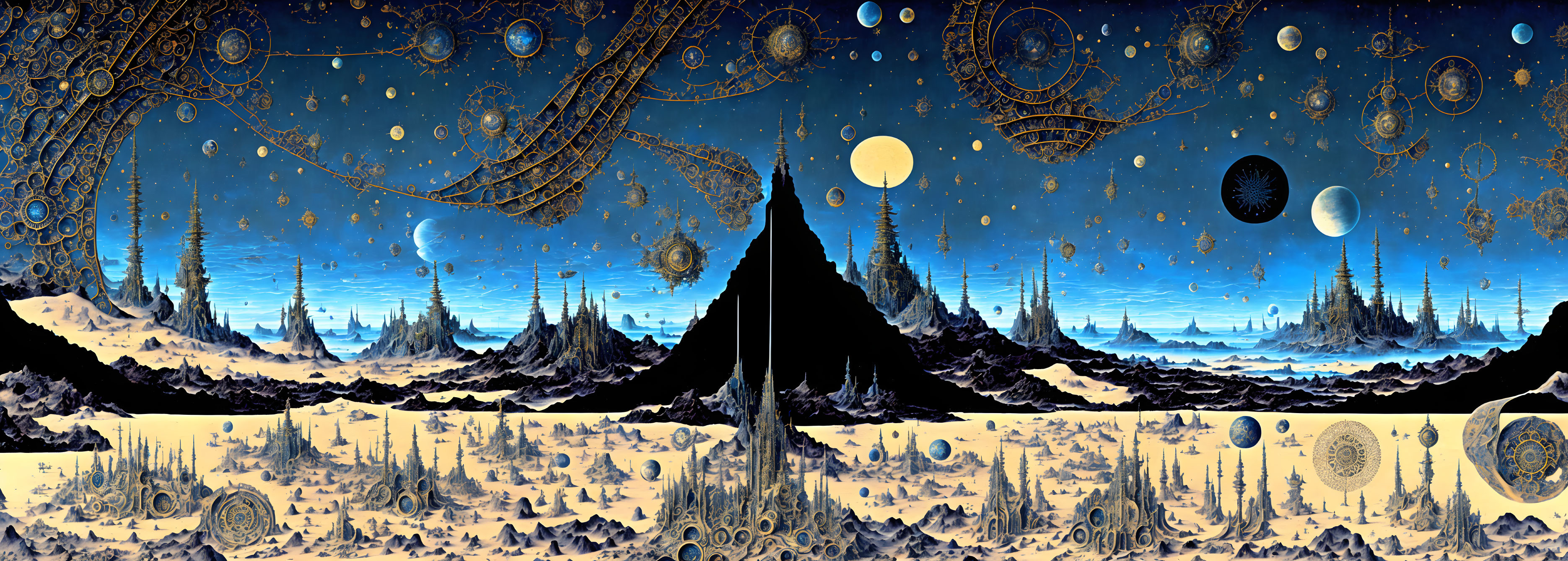 Panoramic alien landscape with celestial bodies and intricate structures