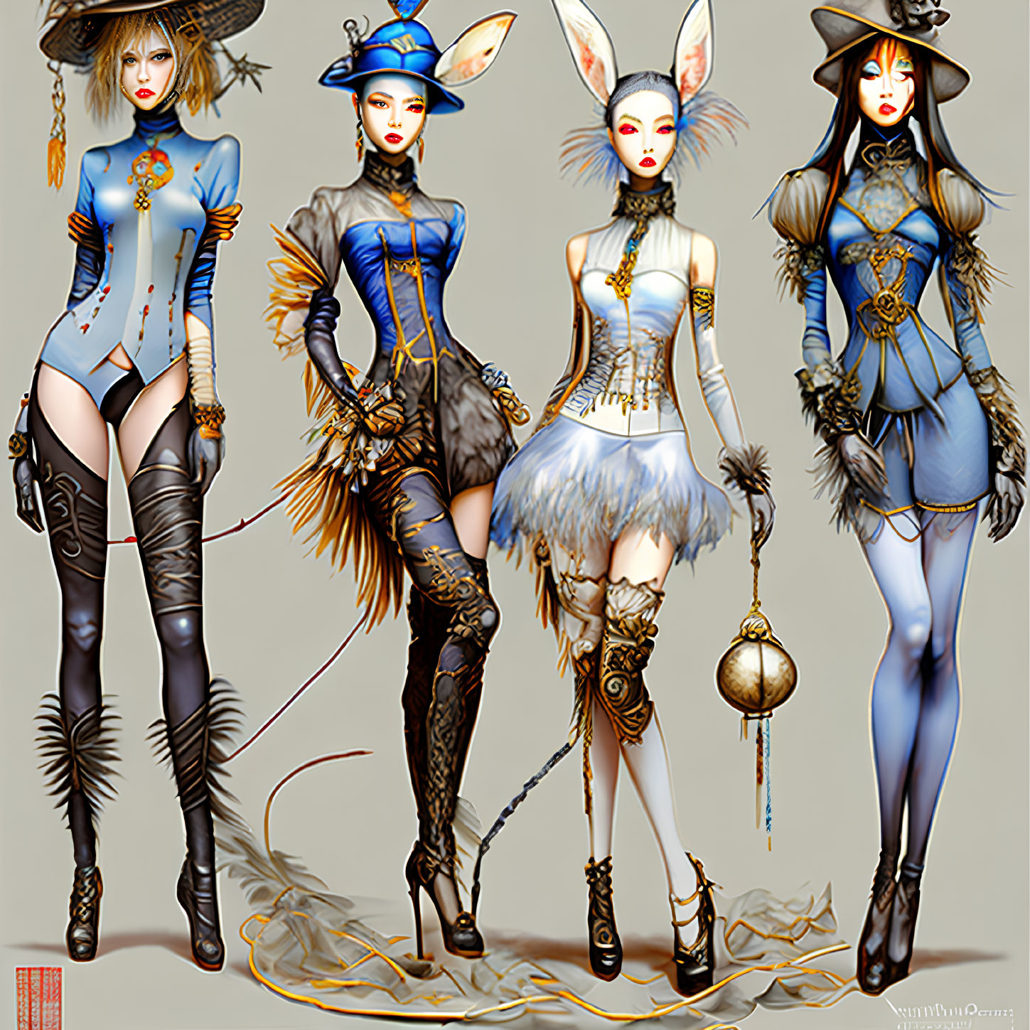 Stylized female characters in ornate fantasy costumes with animal motifs and accessories