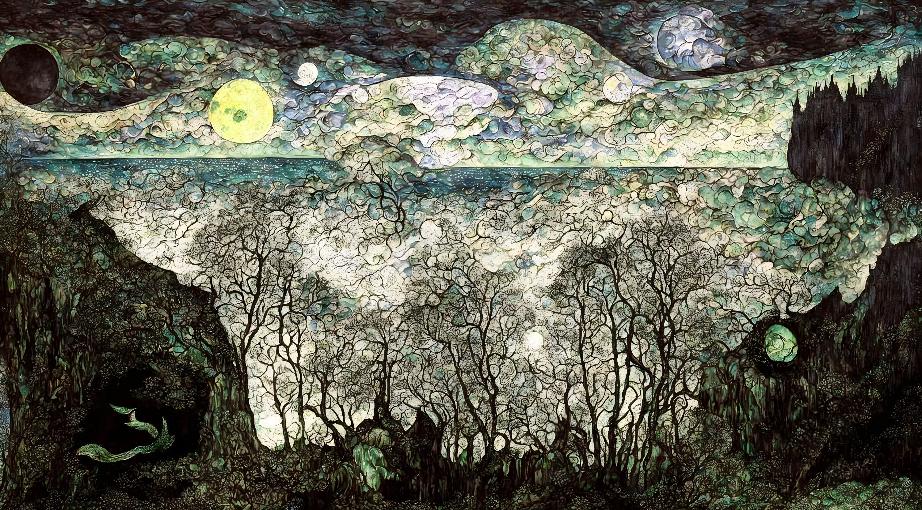 Stylized nocturnal landscape with two moons and luminescent trees