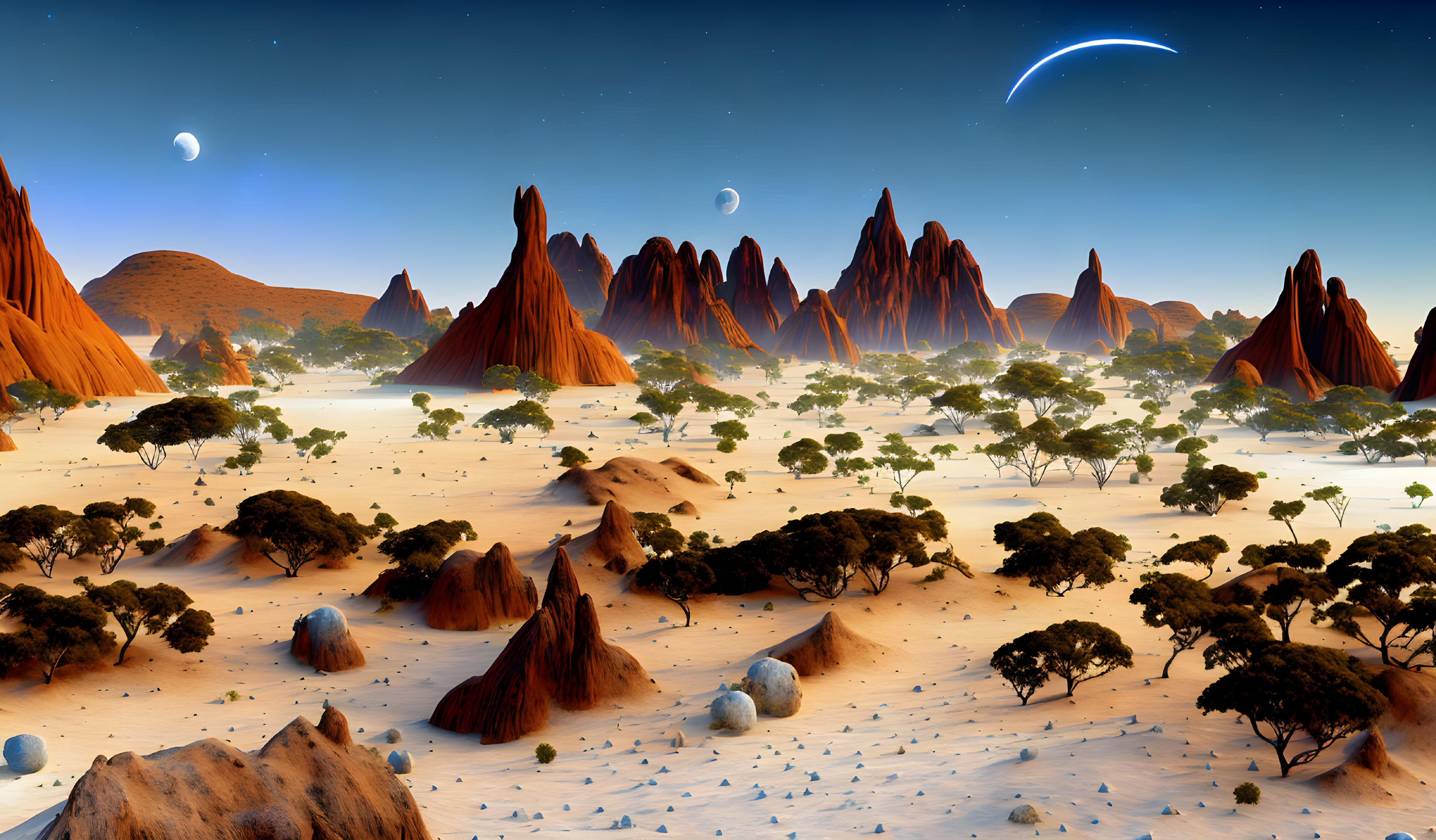 Red Rock Formations in Desert Landscape with Two Moons on Alien Planet