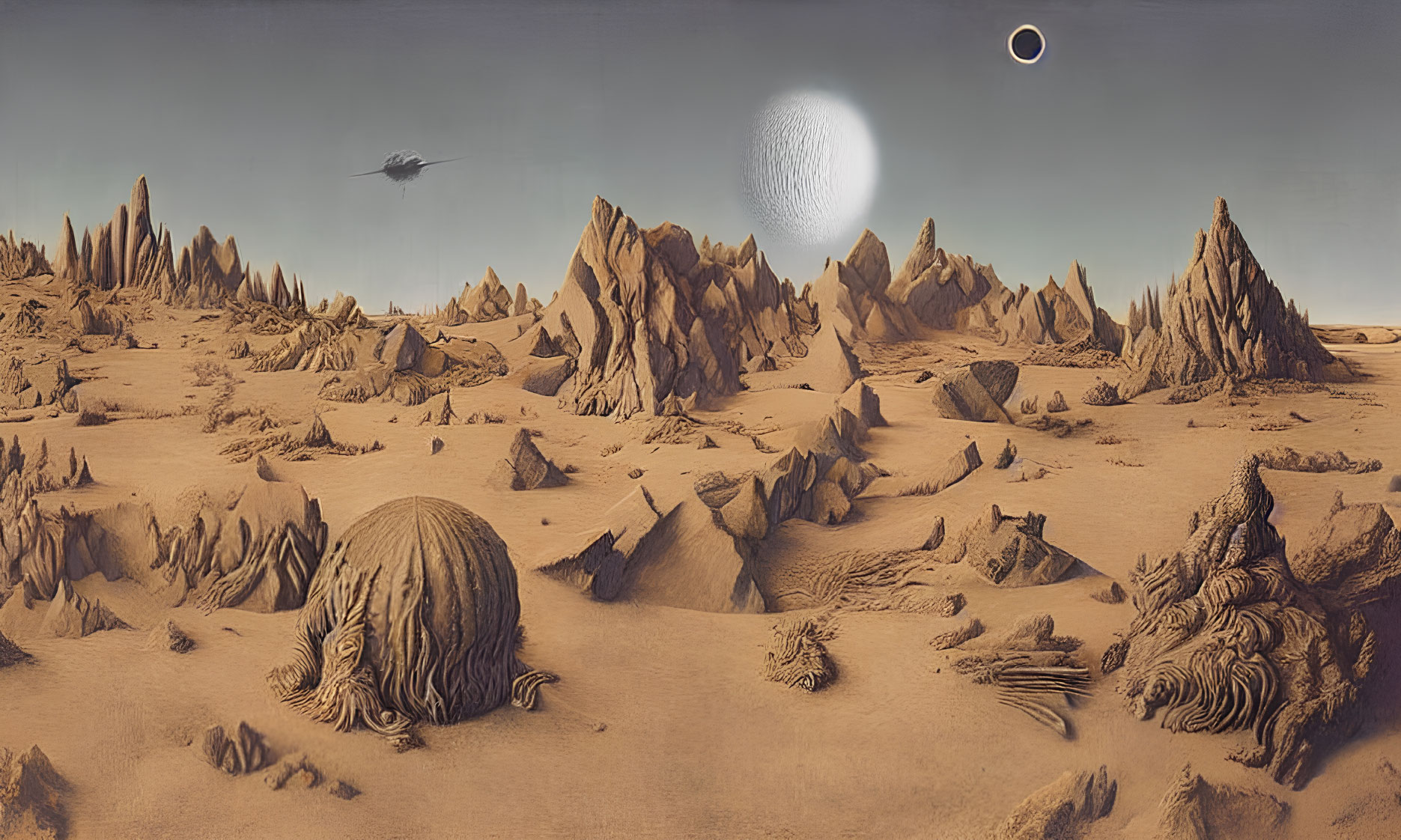 Panoramic alien landscape with spacecraft, glowing orb, and ringed planet