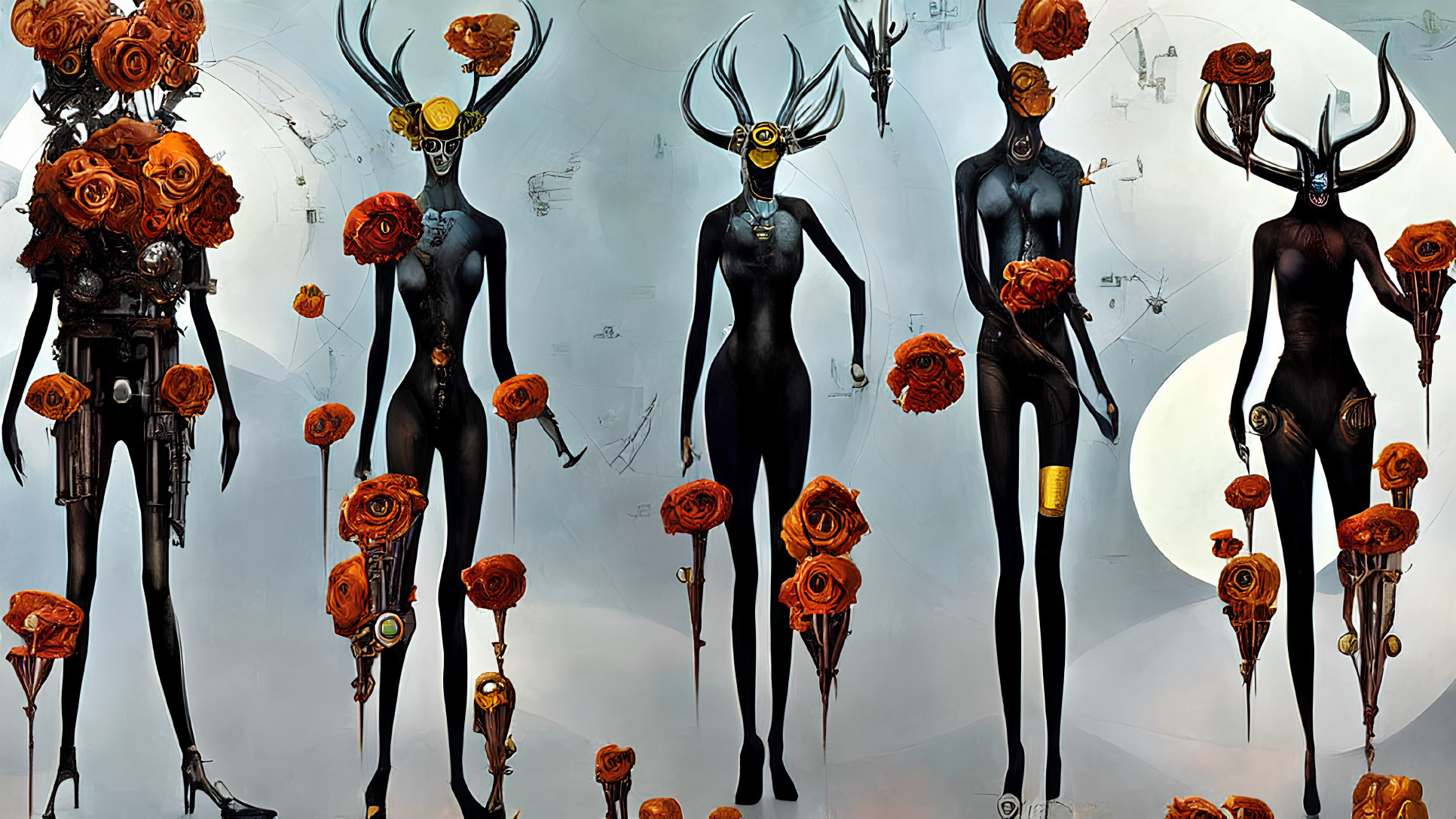 Surreal figures with antler-like headpieces and orange flower-adorned bodies on light blue