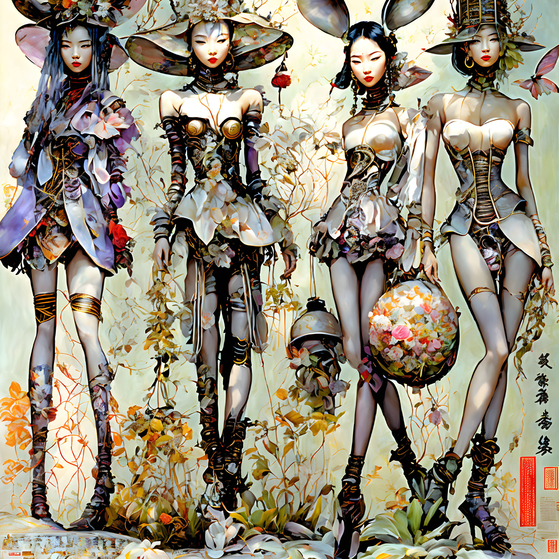 Stylized female figures in futuristic Asian armor amidst surreal floral motifs