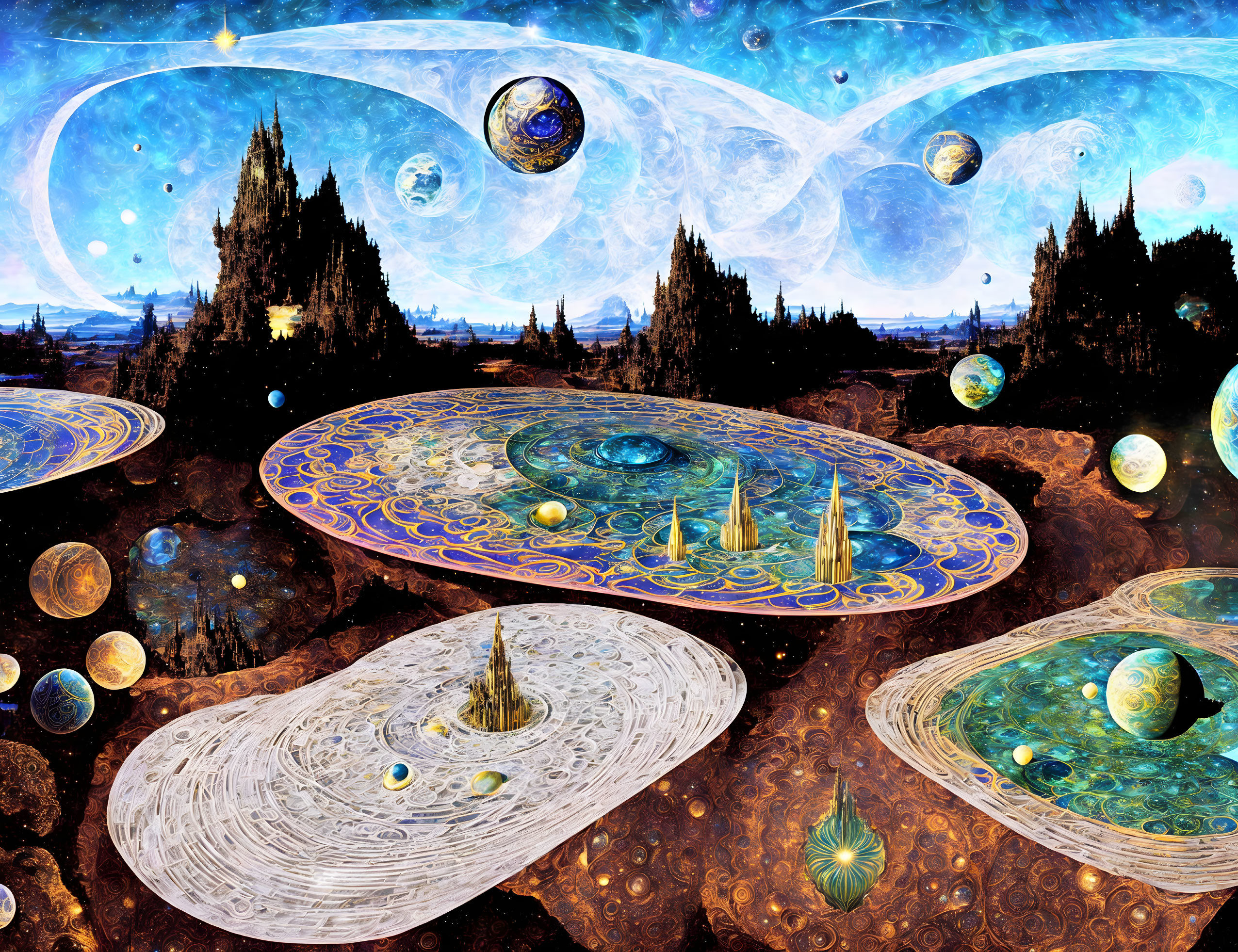 Vibrant cosmic landscape with floating islands and intricate patterns