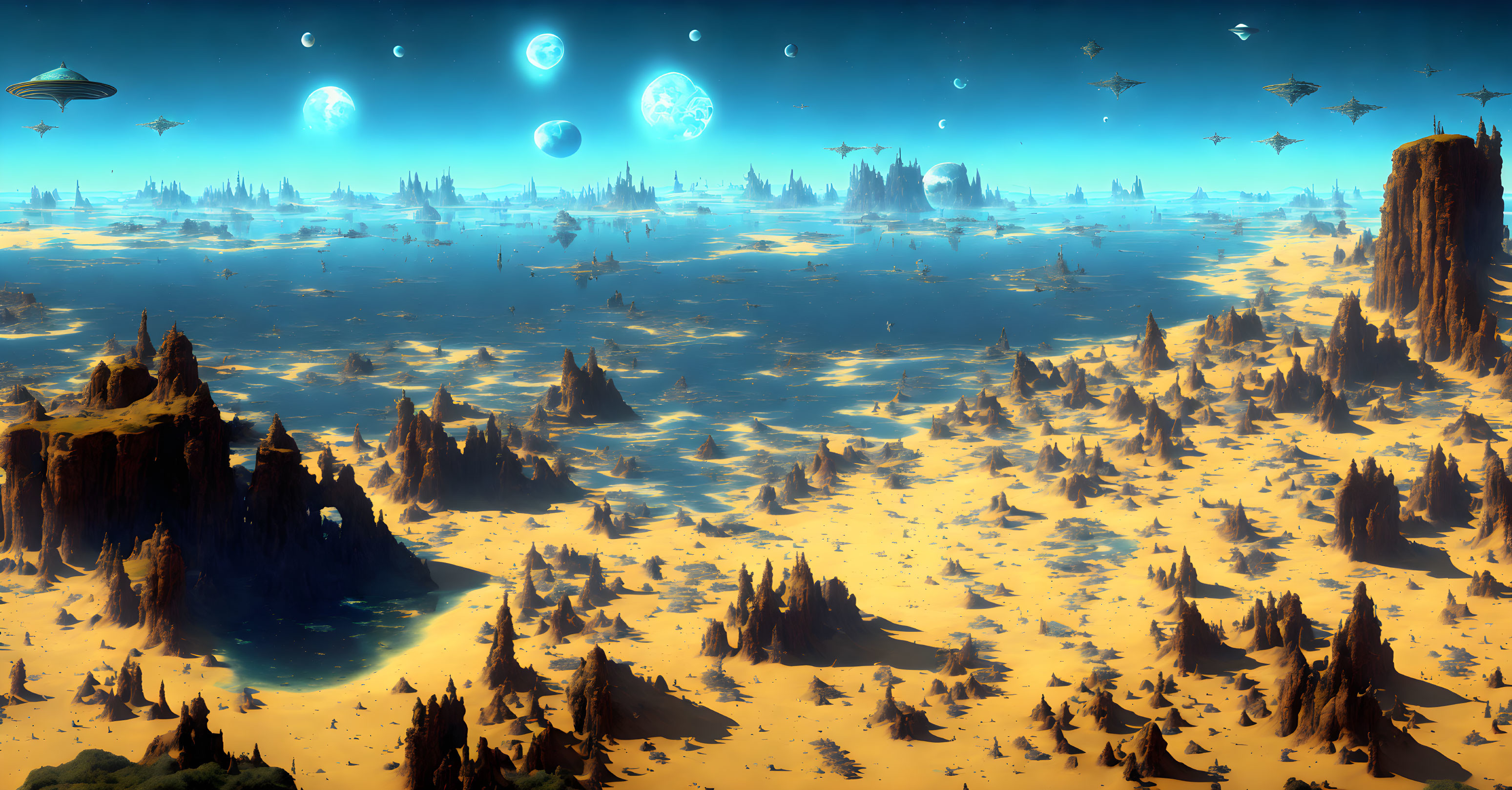 Desert landscape with rocky formations, multiple moons, and spacecrafts