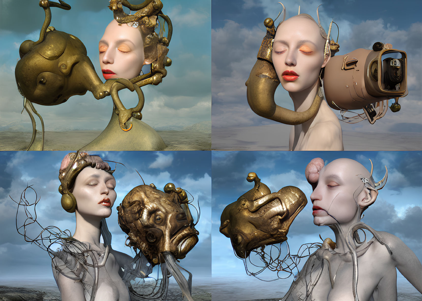 Surrealist portraits: Female faces fused with mechanical elements in desolate landscapes