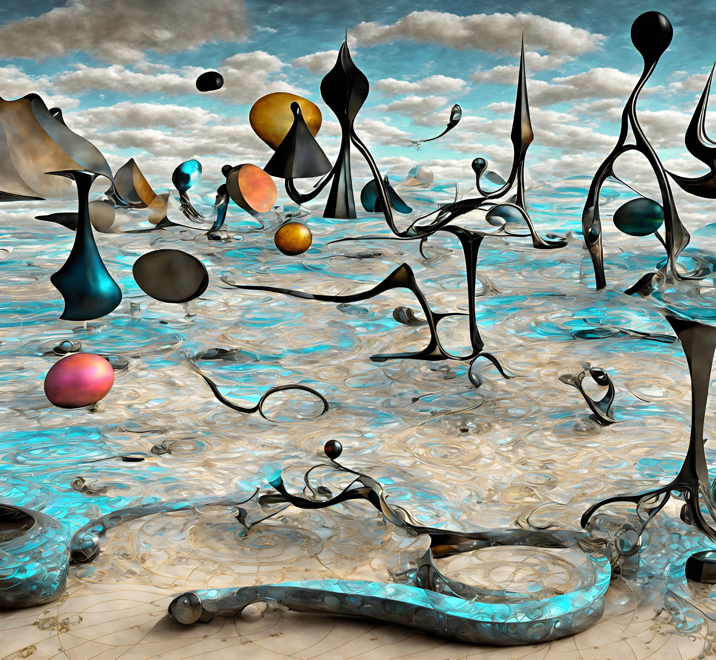 Surreal landscape with metallic sculptures and hovering orbs above reflective water