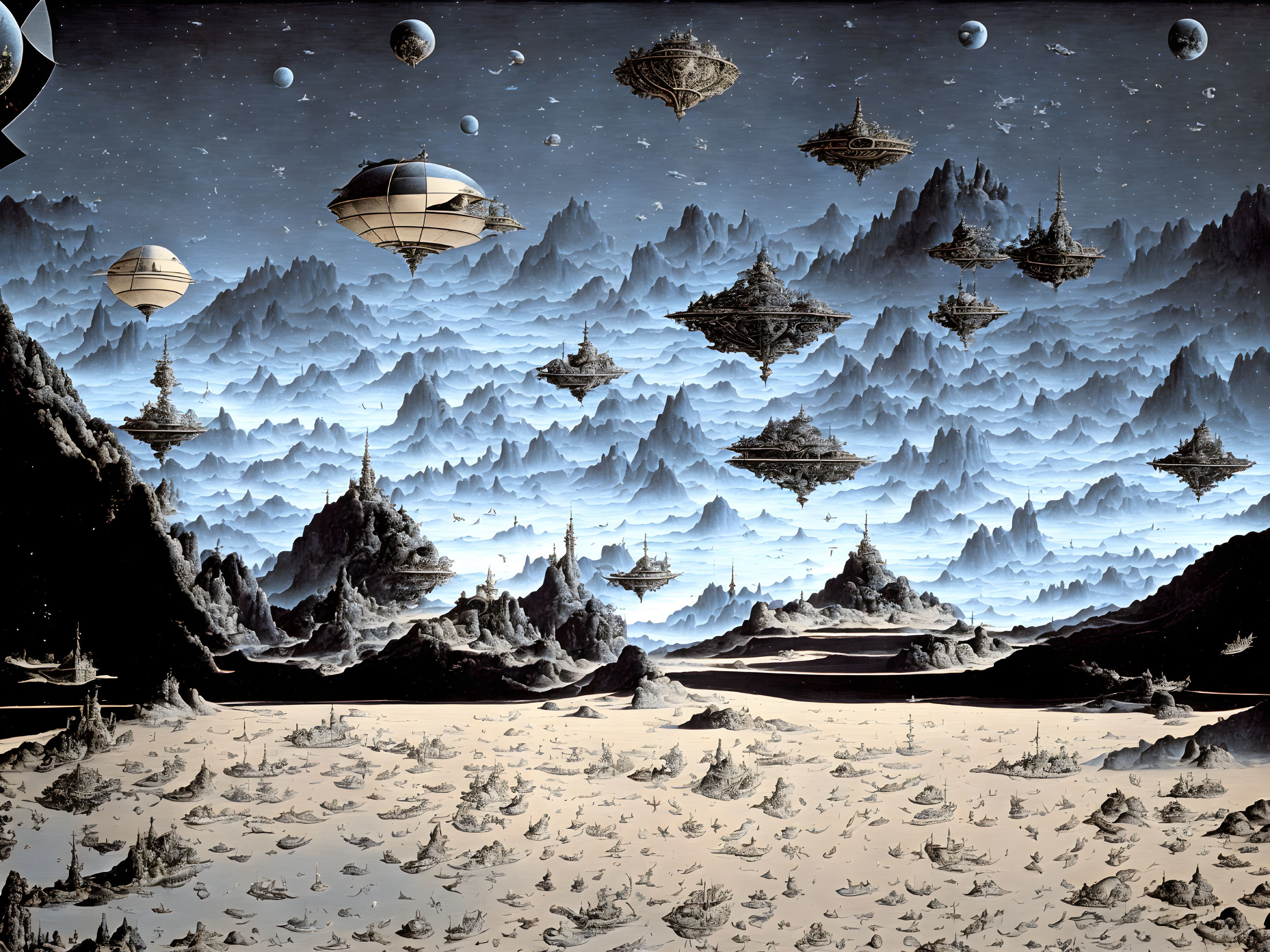 Fantastical landscape with floating islands and hovering ships