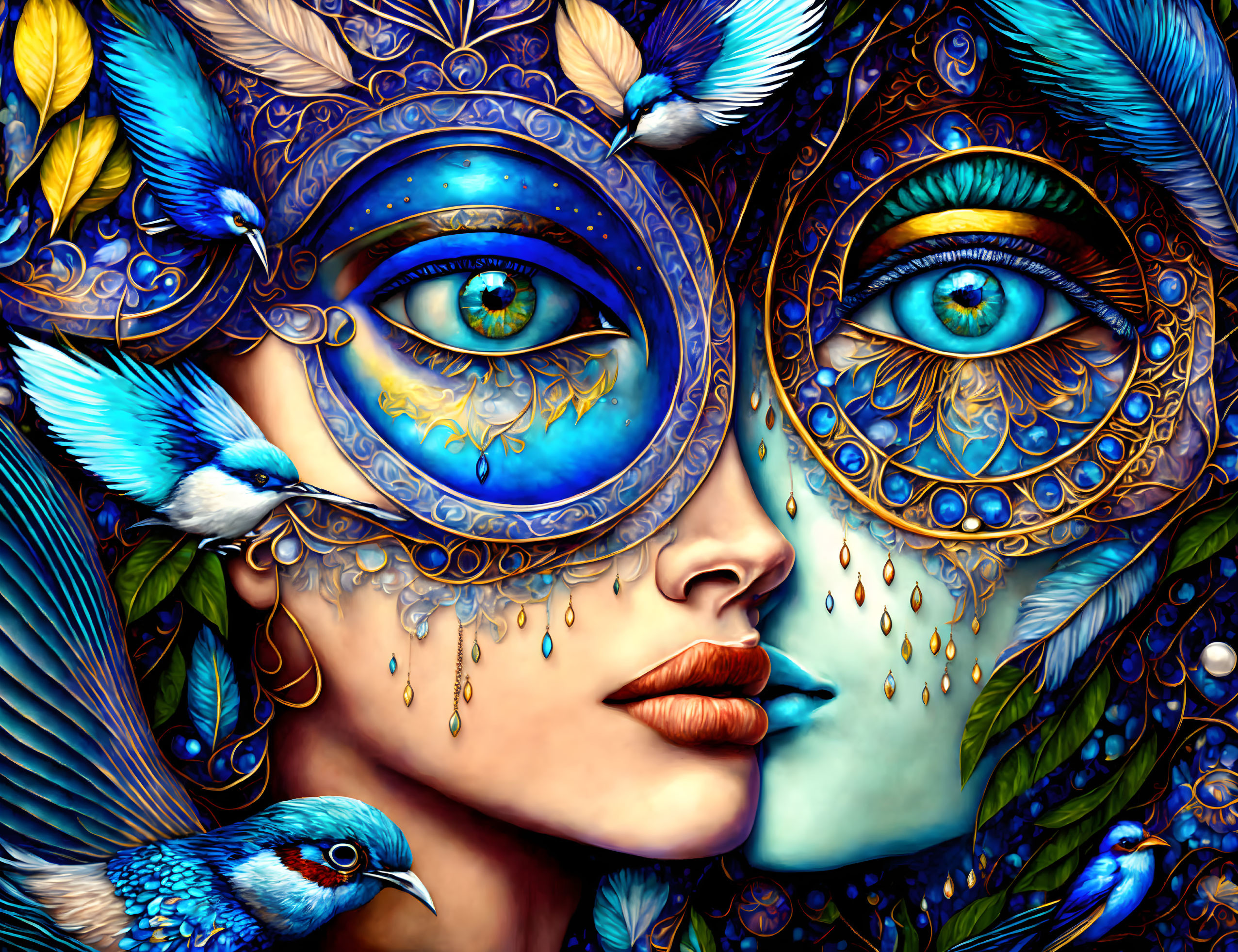 Detailed female face with blue feathers, masks, and birds in a mystical artwork