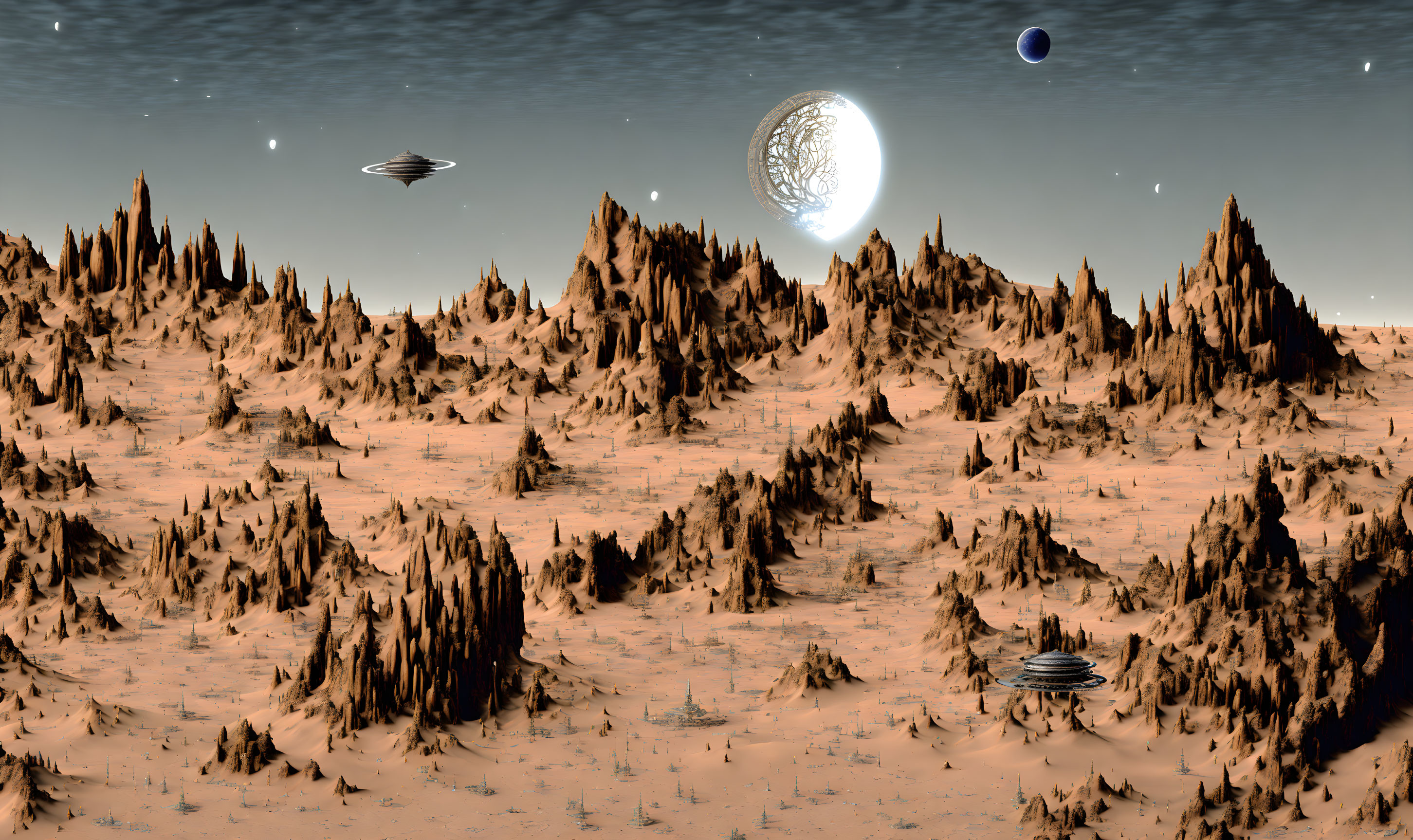 Rocky alien terrain with flying saucers, moon, and distant planet in orange sky