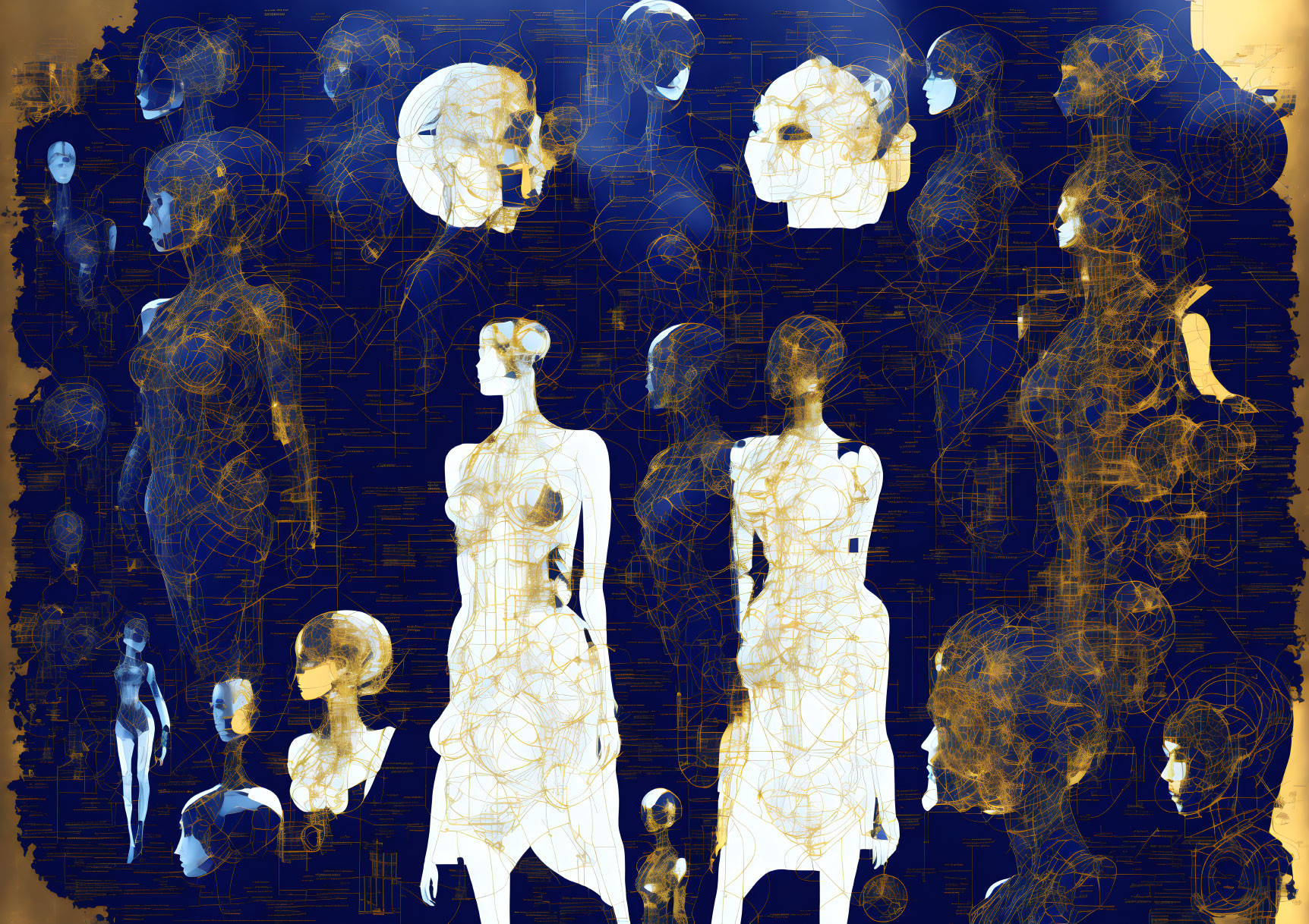 Translucent figures and geometric patterns in blue and gold hues