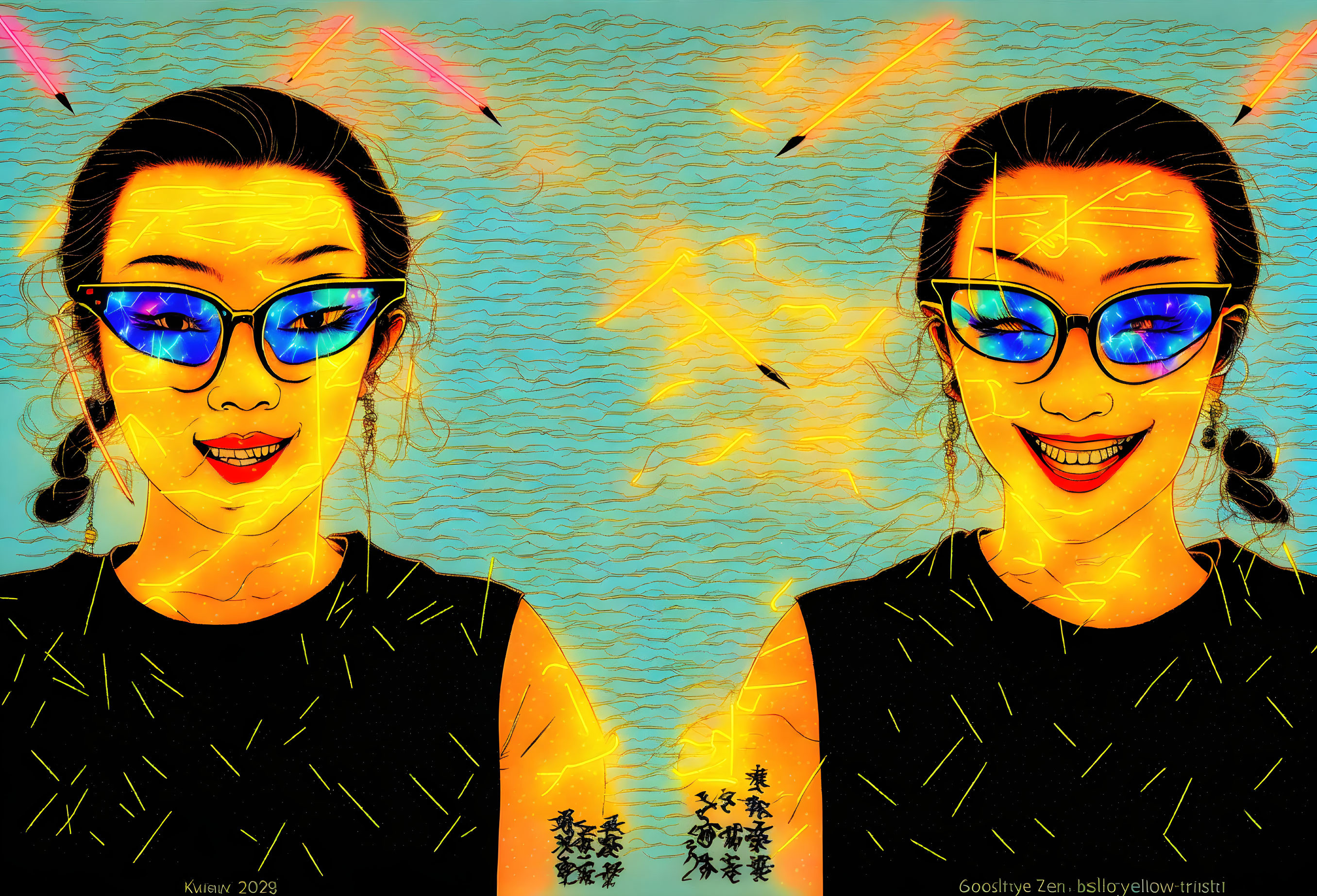 Psychedelic digital artwork: Smiling woman with blue sunglasses in vibrant orange background