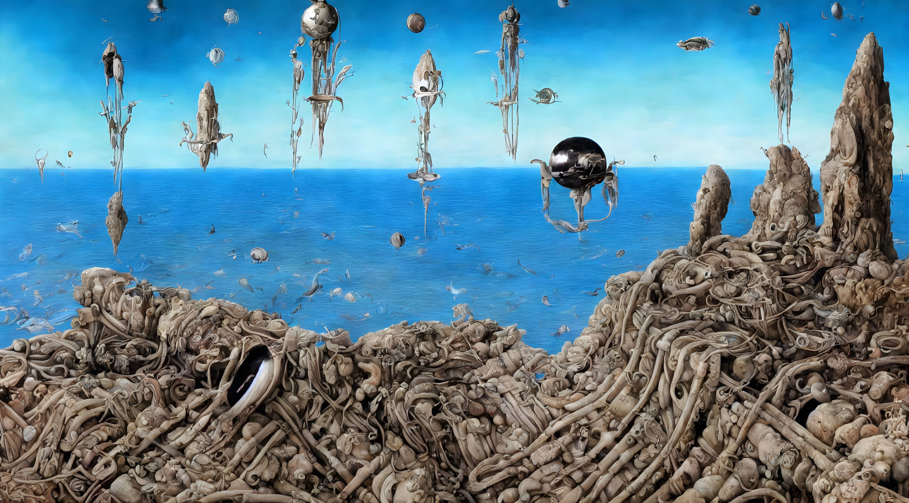 Surreal landscape with floating figures, bones, and mechanical elements