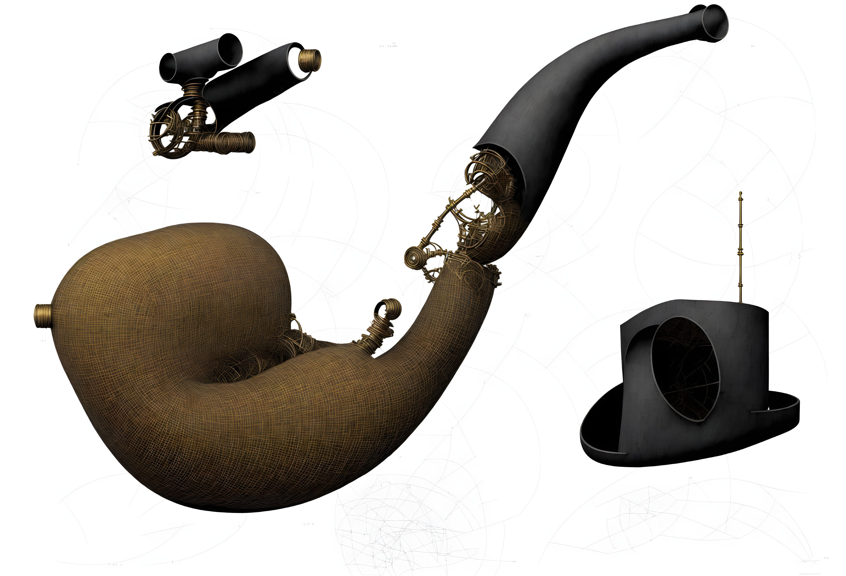 Steampunk-style saxophones with gears and pipes on technical drawings