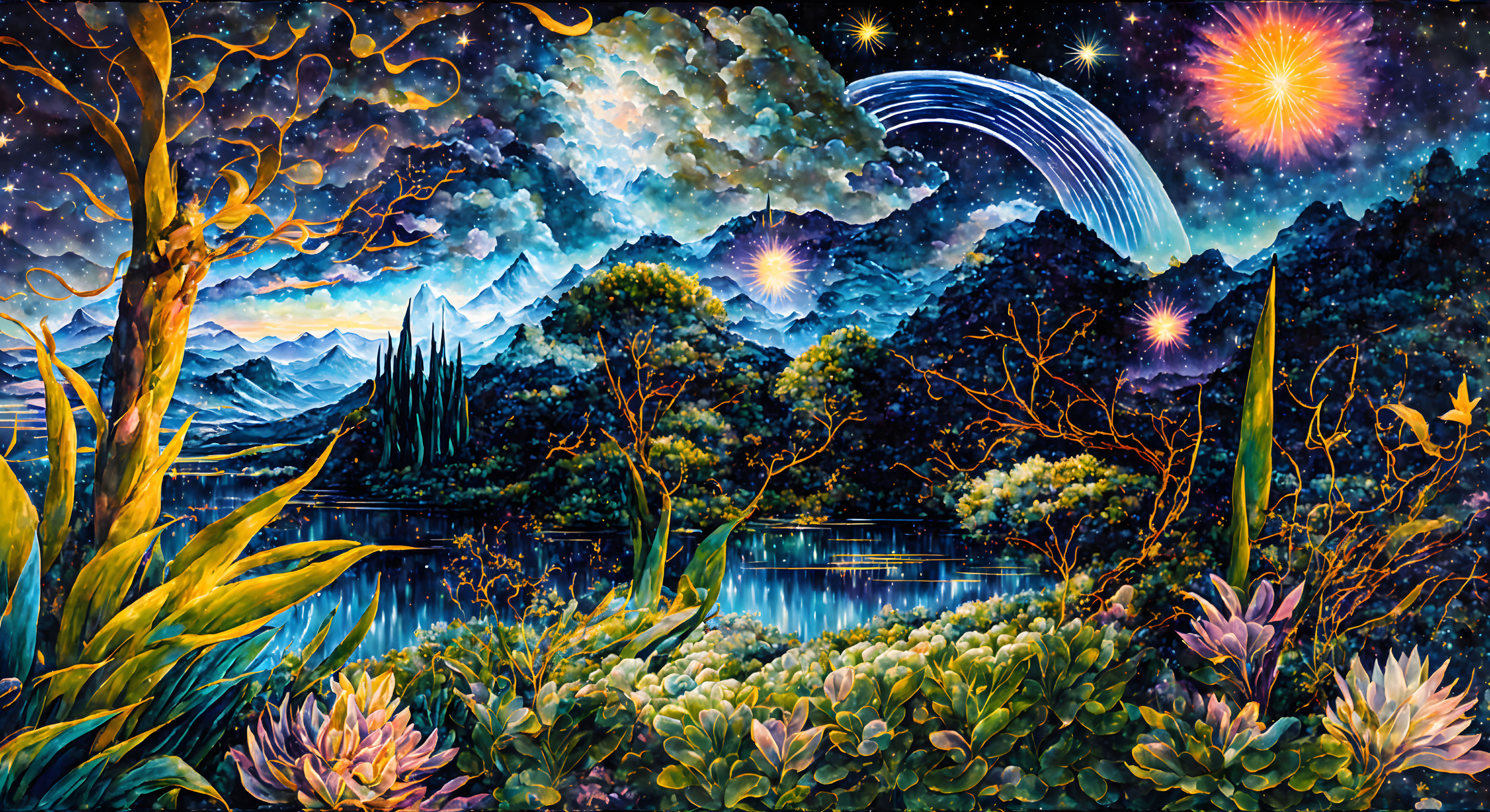 Colorful painting of magical nighttime landscape with starry sky, shooting star, flora, and serene lake