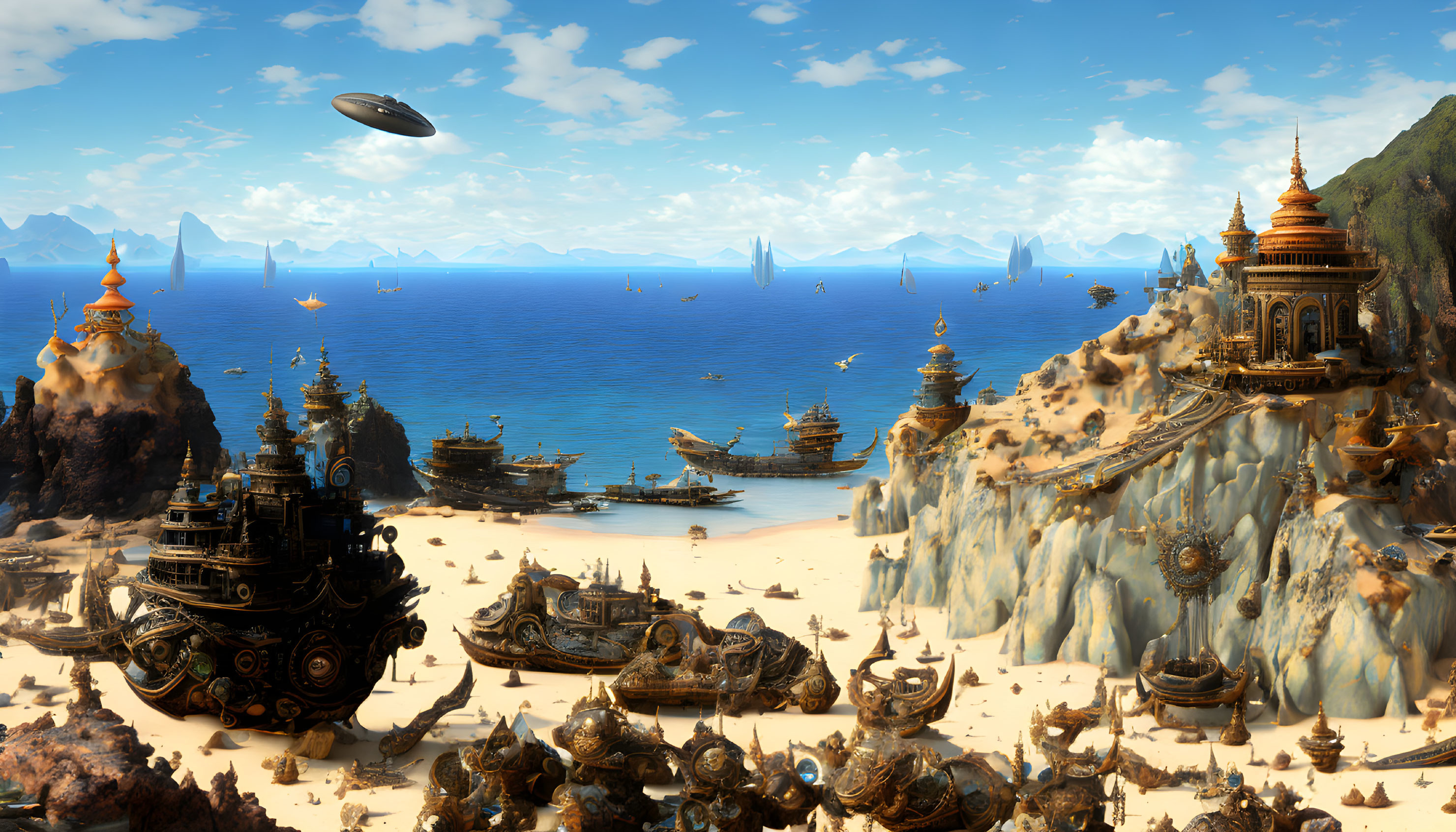 Futuristic beach scene with golden temples, airships, and blue ocean