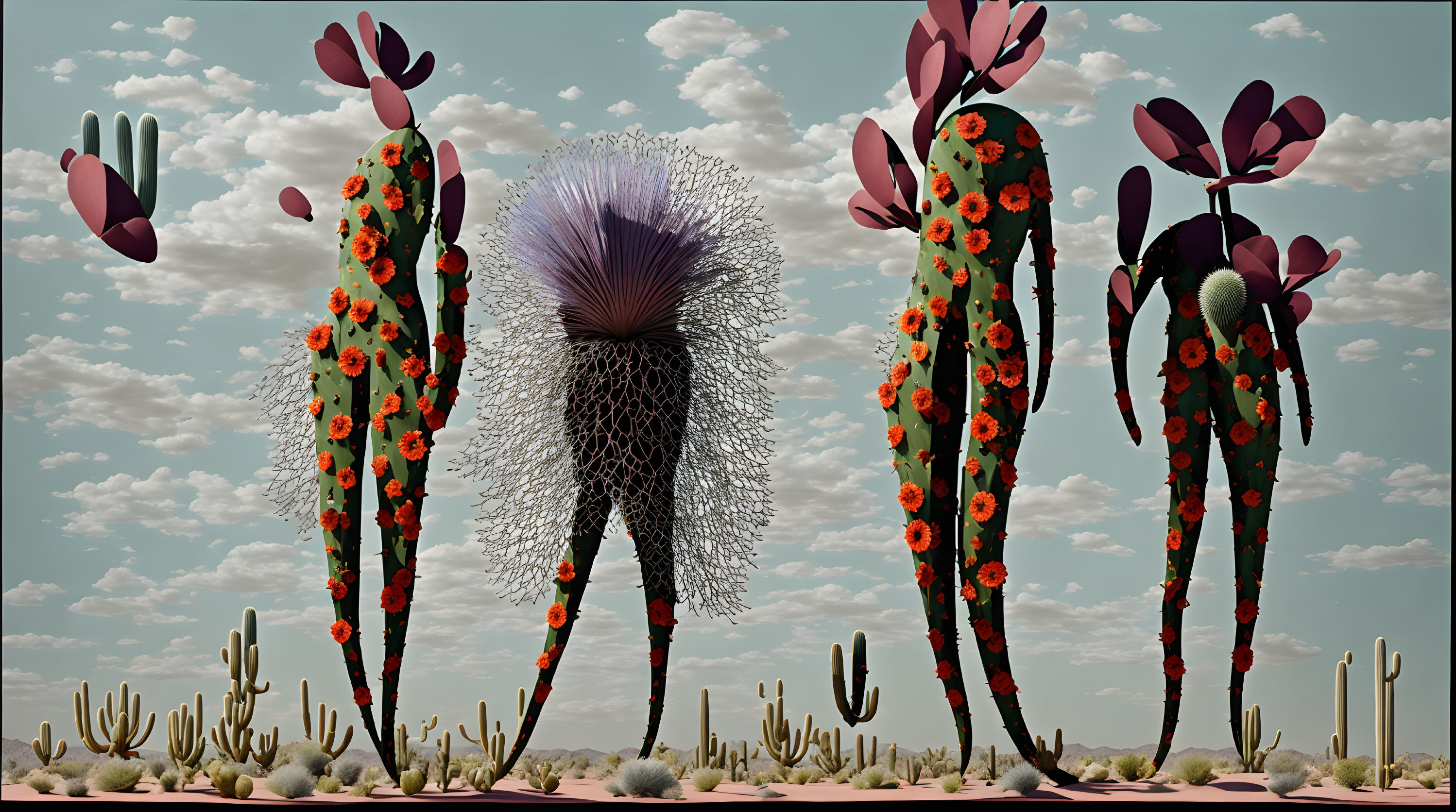 Surreal desert landscape with stylized cacti and colorful flowers