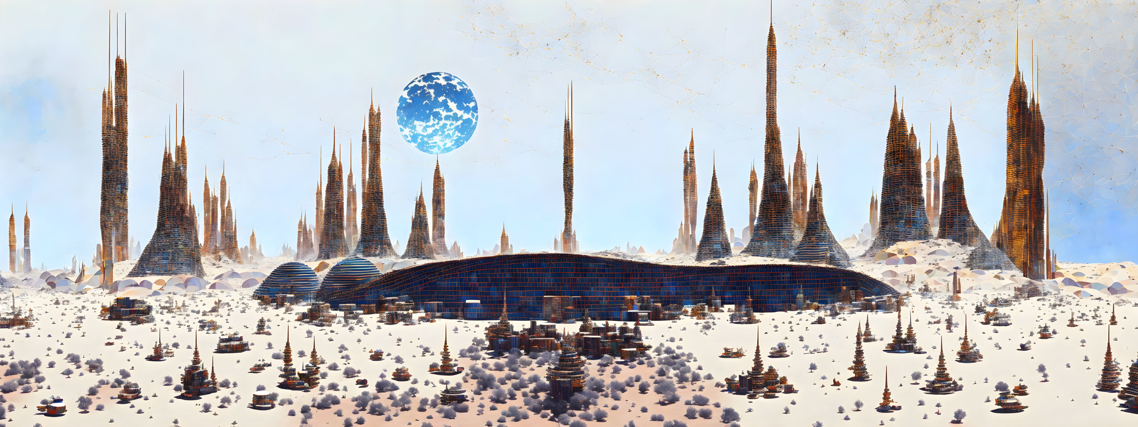 Futuristic alien cityscape with tall spires and blue moon in desert setting