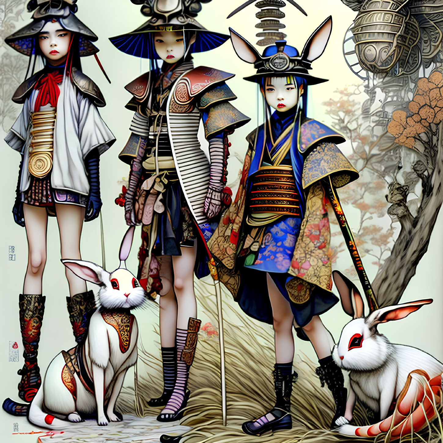 Stylized Japanese characters with white rabbits in intricate backdrop