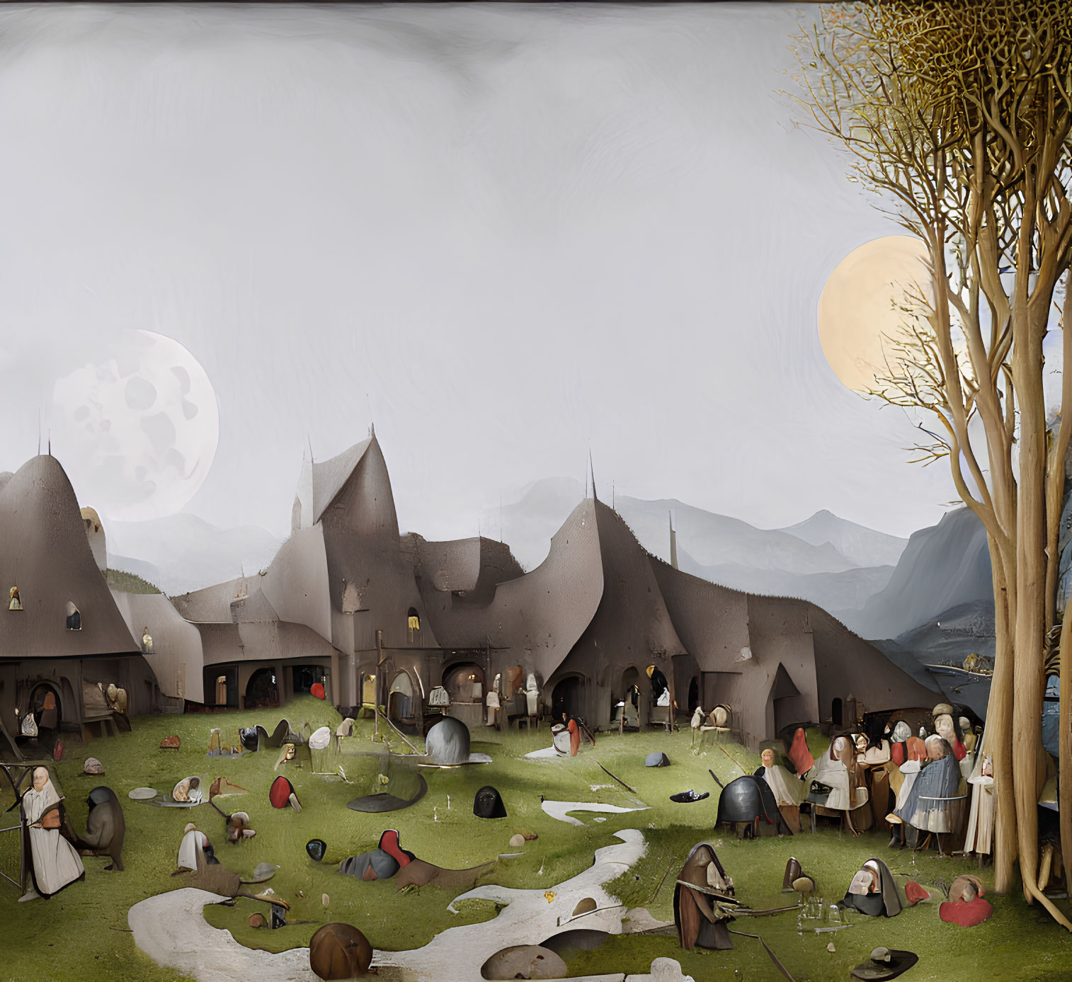 Medieval village panorama with people and two moons under overcast sky