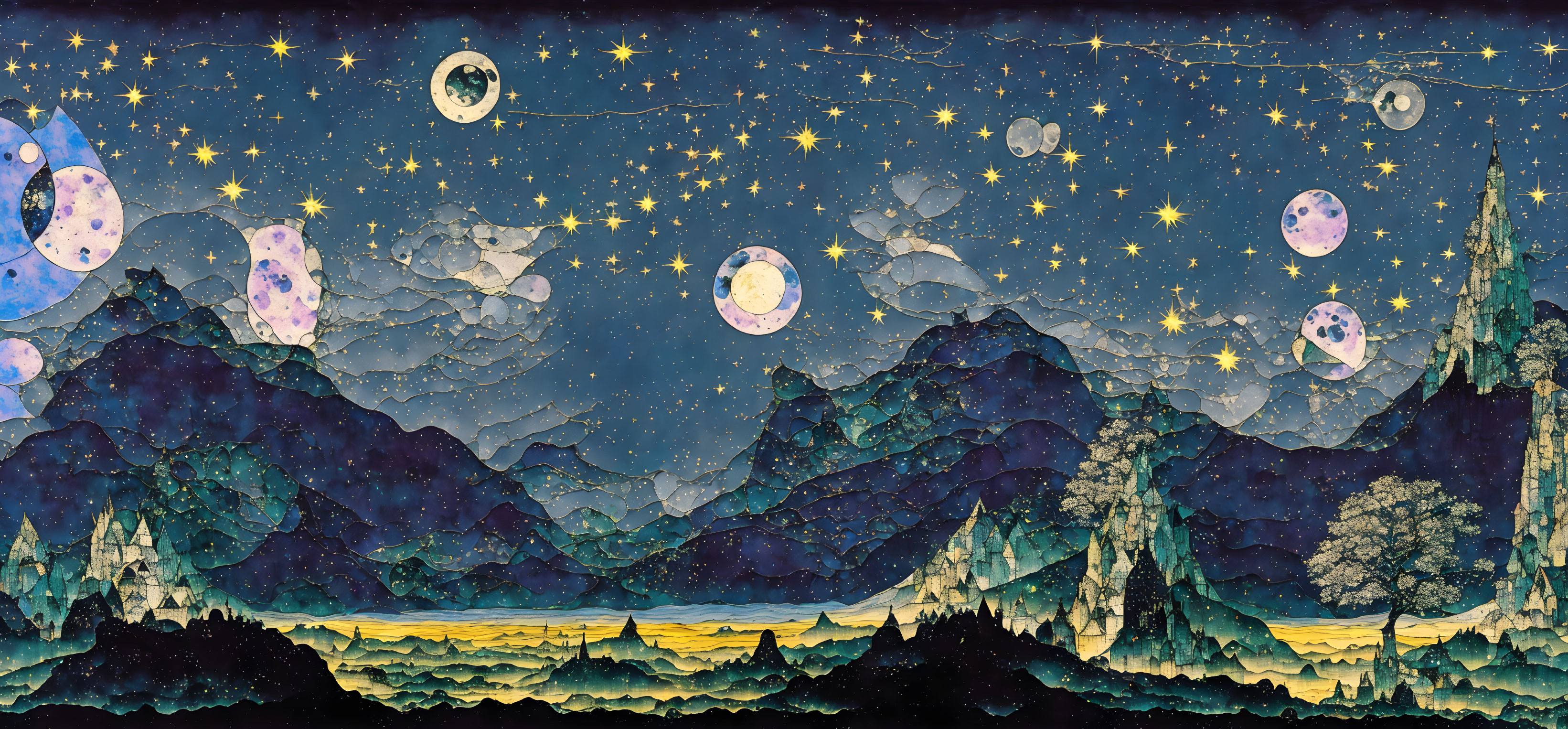 Fantastical landscape with mountains, lakes, forests under starry night sky