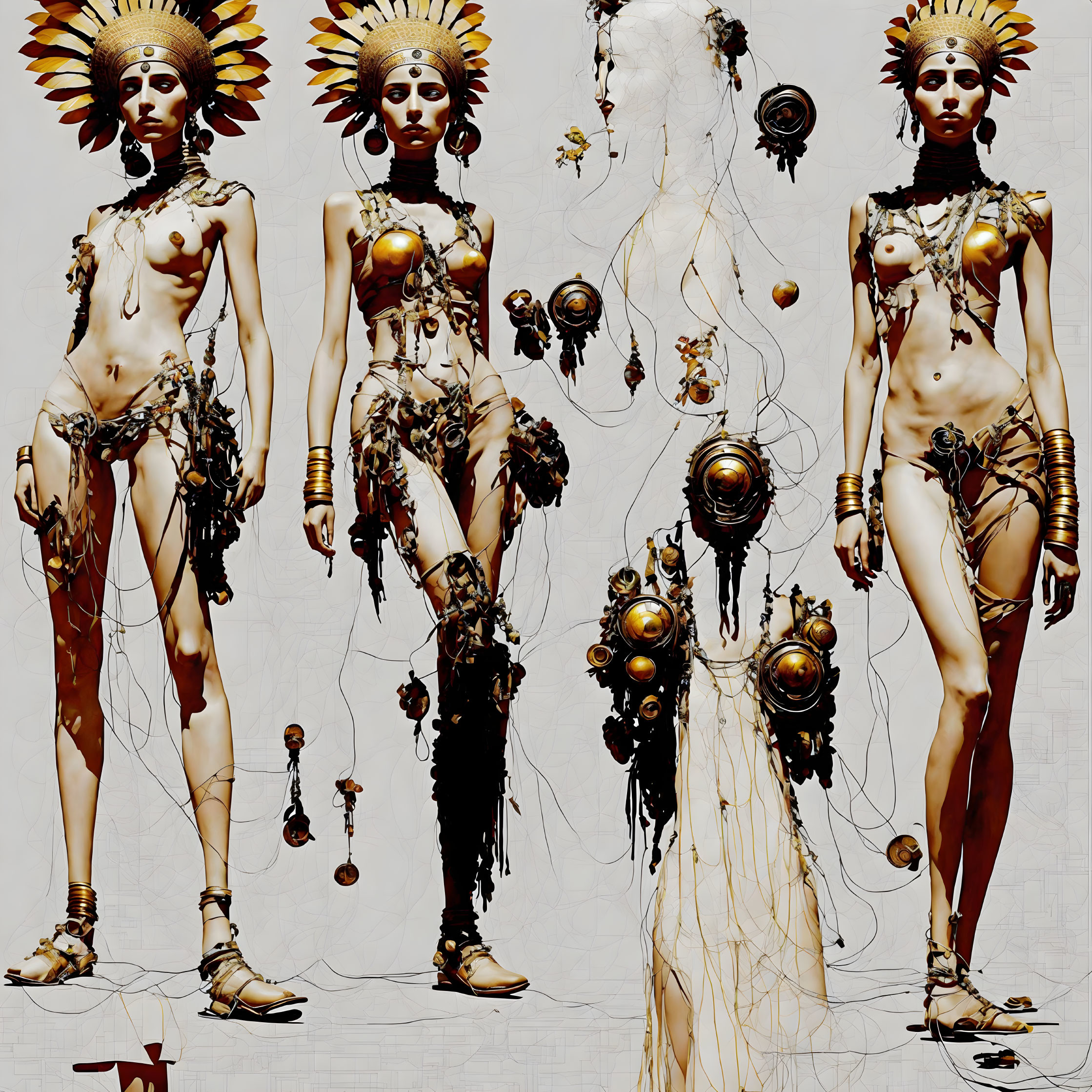 Stylized female figures with golden headdresses and futuristic elements