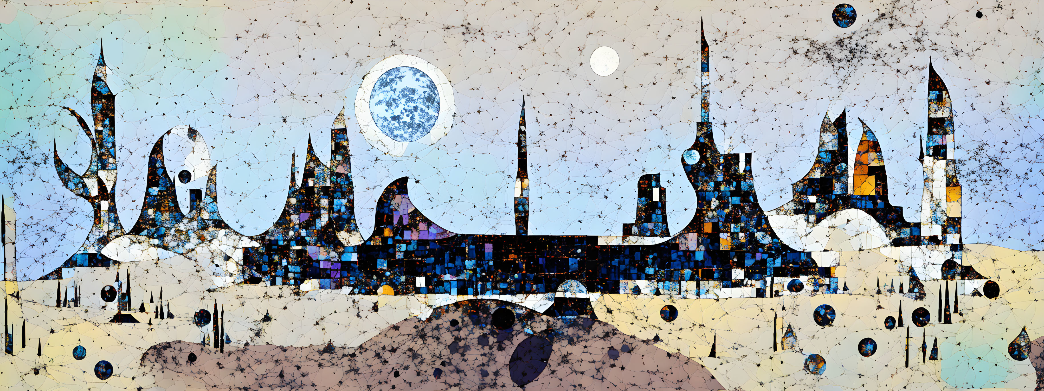 Alien cityscape with spire-like structures under star-speckled sky