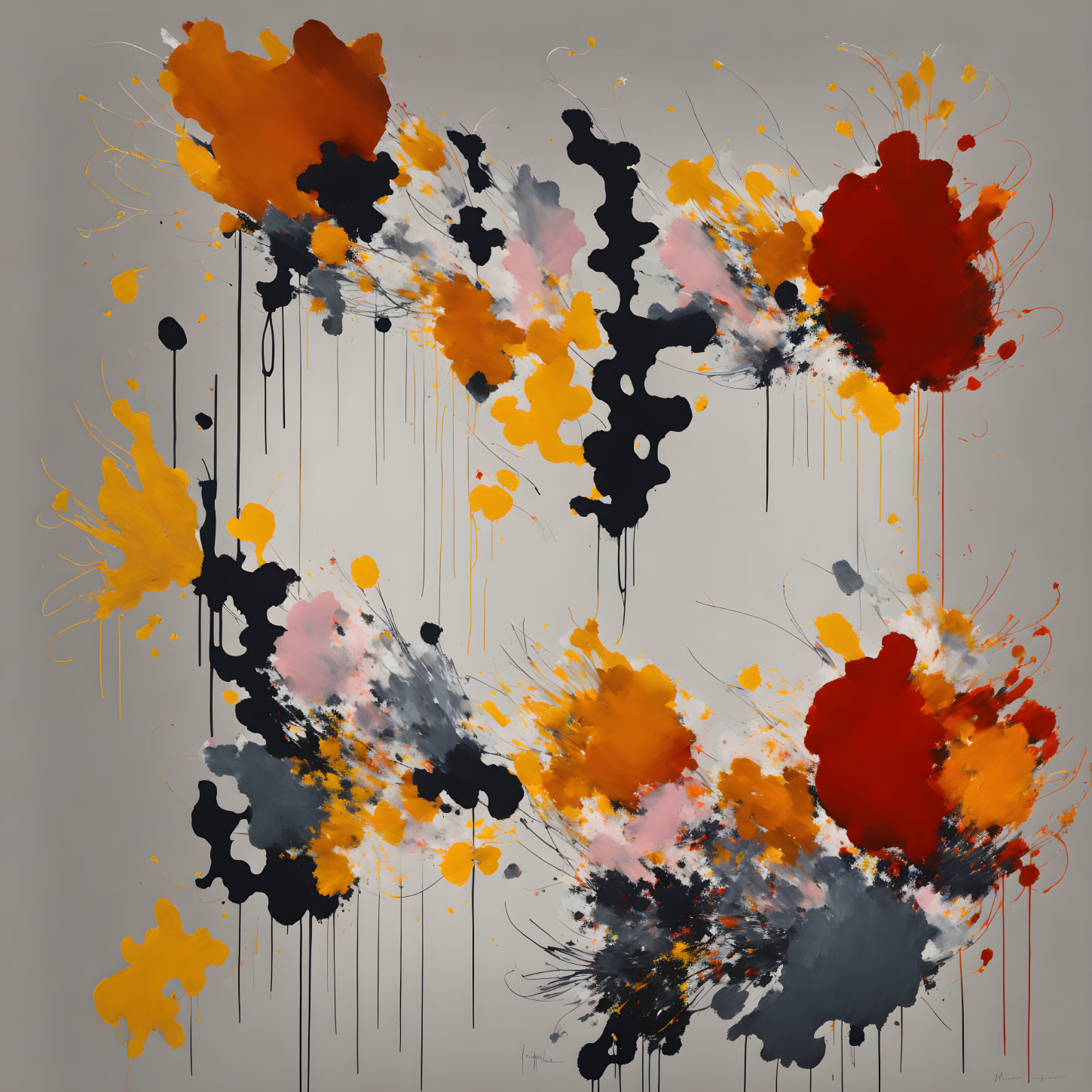 Colorful Abstract Painting with Orange, Red, Black, and Gray Splashes