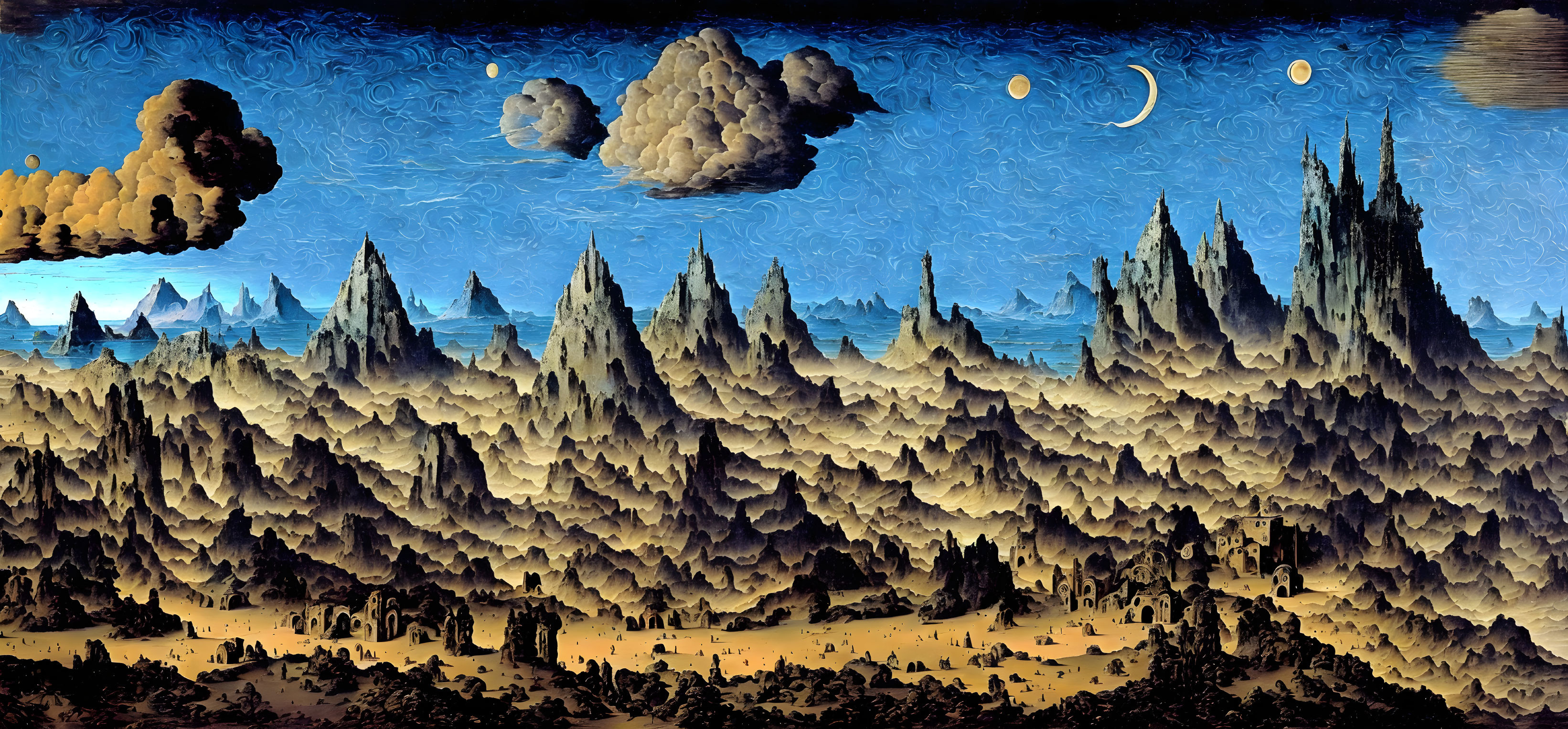 Surreal landscape with pine-tree-like spires under blue sky