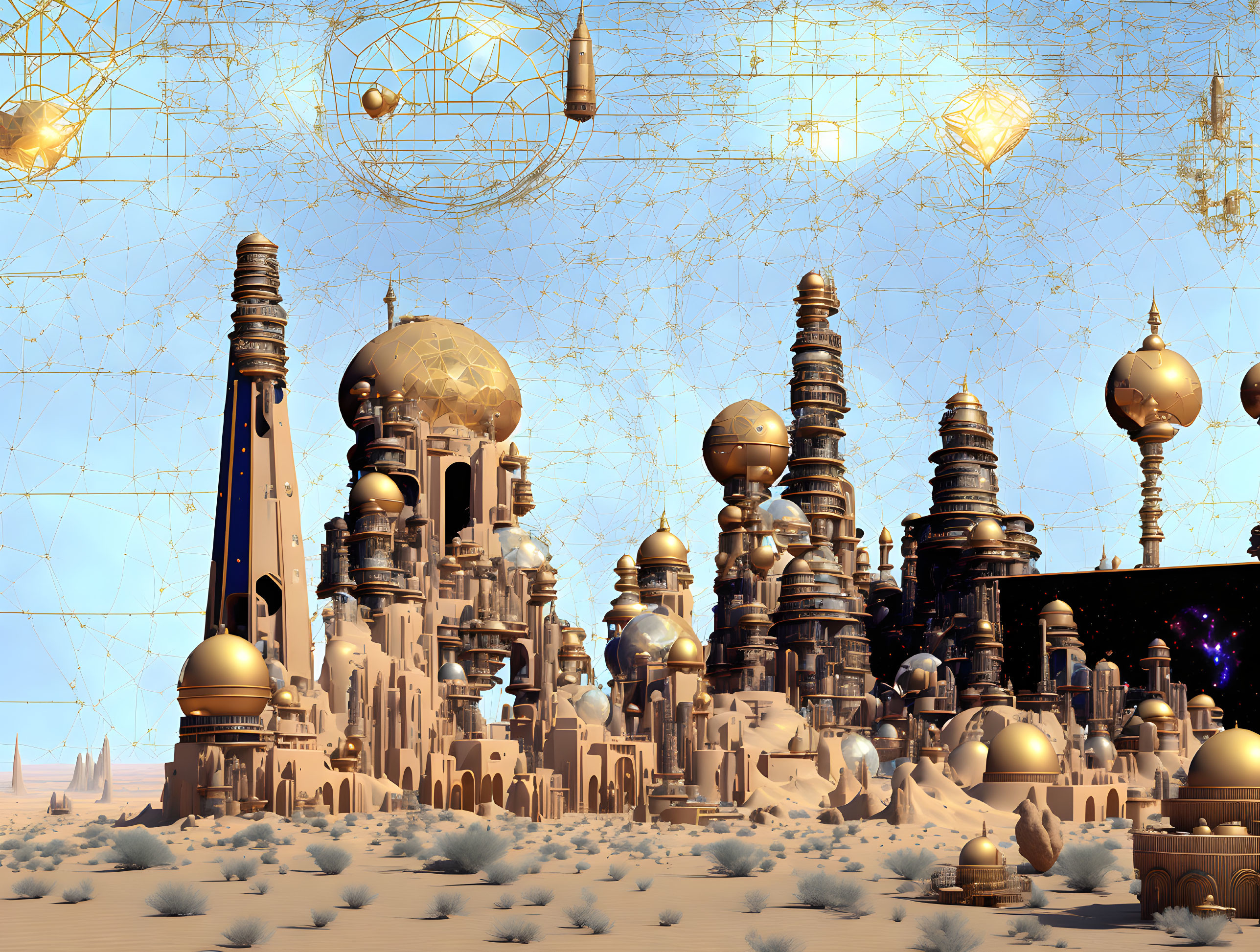 Fantastical desert cityscape with ornate towers and celestial sky