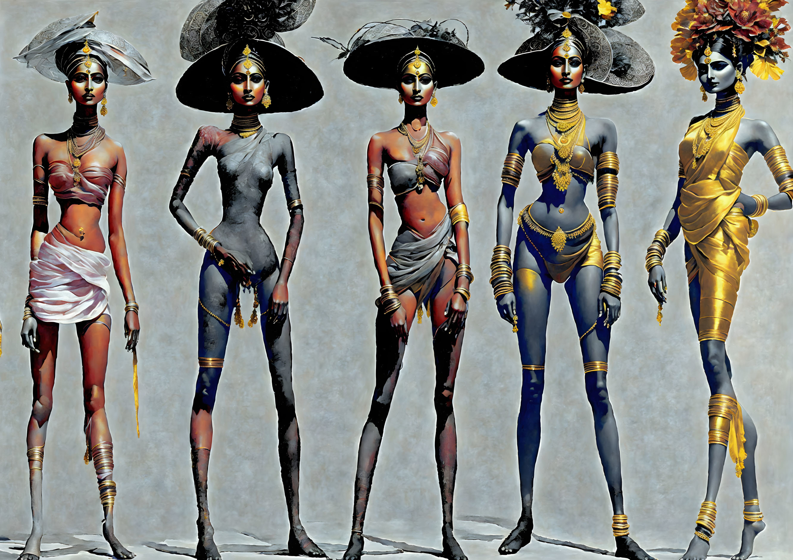 Five Female Characters in Cultural-Inspired Attire and Body Paint