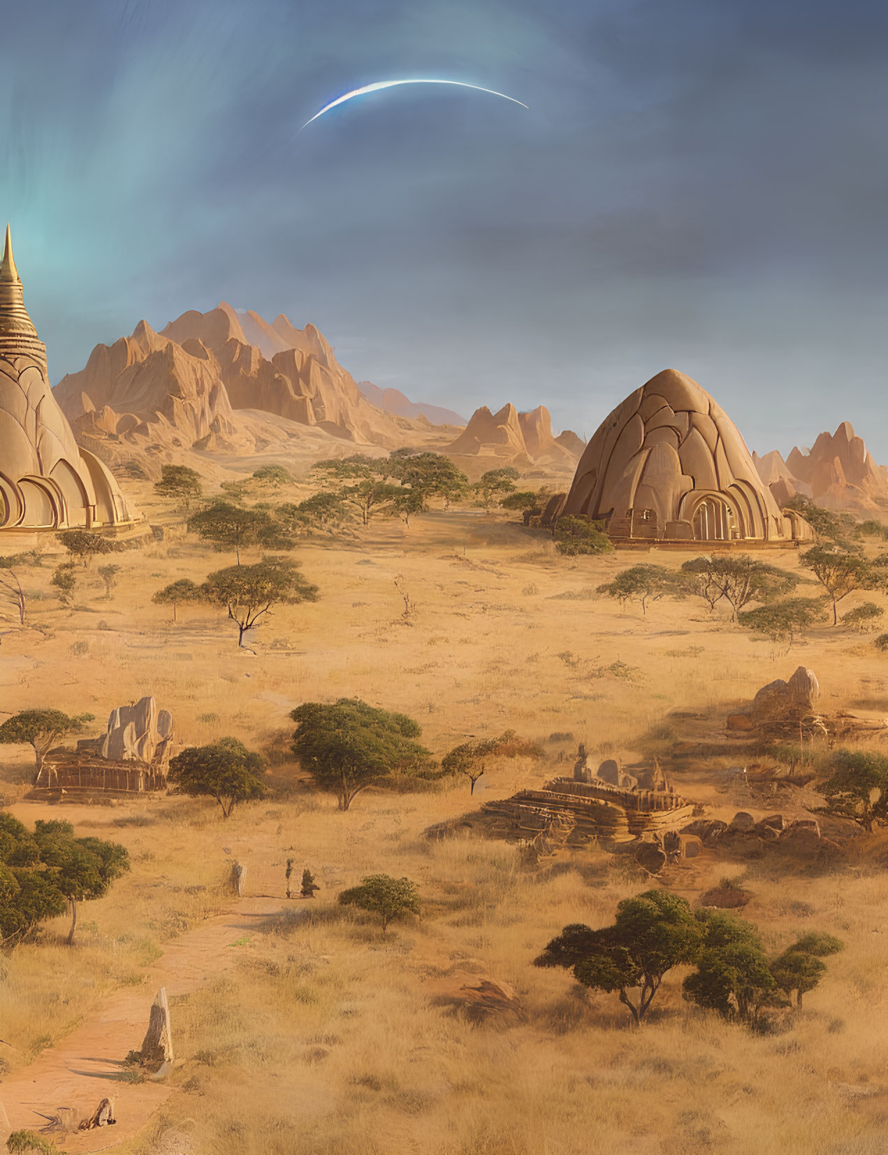 Unique Rock Formations and Golden Pagoda in Fantastical Desert Landscape